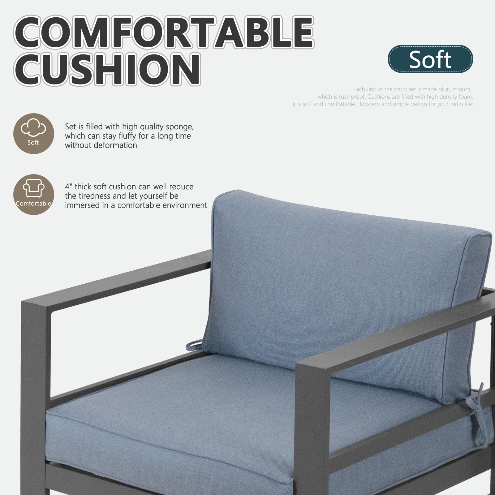 5-Piece Cast Aluminum Outdoor Patio Furniture Set - Grey Frame & Blue Cushions - Modern Metal Conversation Sofa Set for Backyard, Garden, Poolside or Deck Relaxation