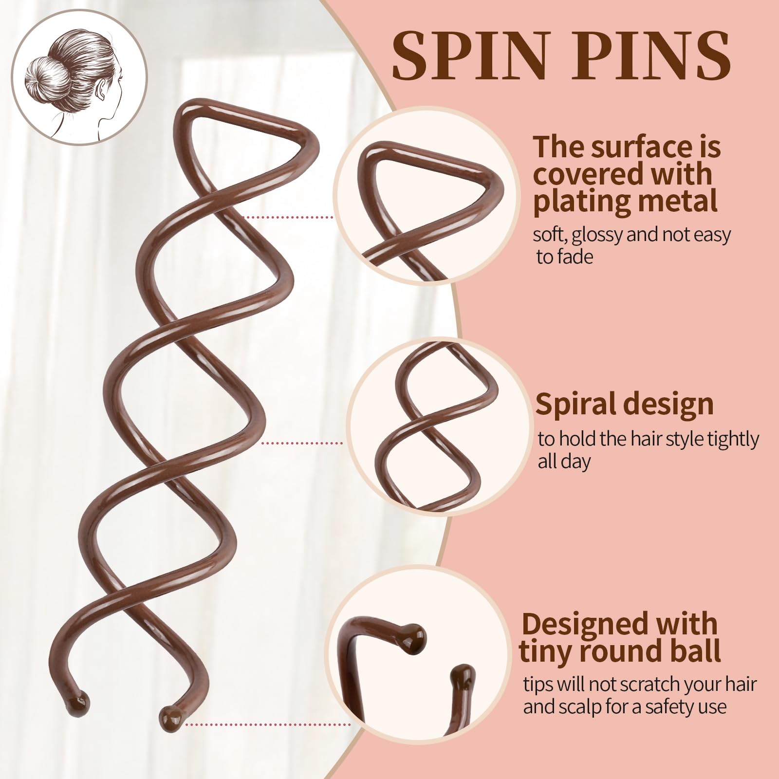 FANDAMEI 50PC Spiral Hair Pins Set - Non-Scratch Round Hair Clips for Women, Girls & Kids - Secure Bun & Twist Hairstyles - Brown Hair Accessories for Everyday, Work & Special Occasions