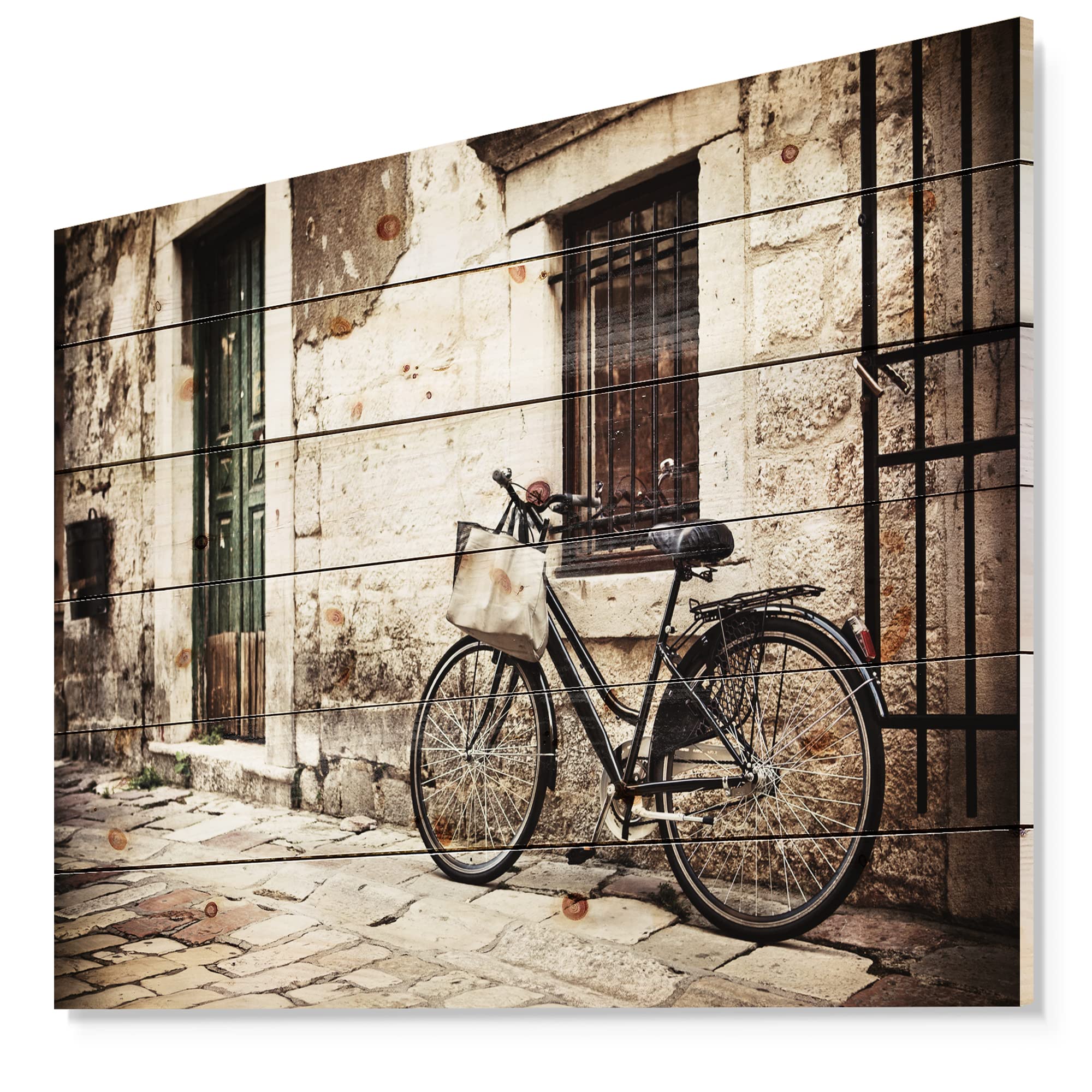 French Country Wood Wall Decor - Bicycle with Shopping Bag, Black Wood Wall Art, Large Landscape Wood Panels Printed on Natural Pine - Perfect for Farmhouse, Rustic, and Vintage Home Decor