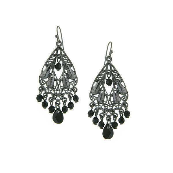 1928 Vintage Black Faceted Bead Filigree Chandelier Earrings for Women - Elegant Dangle Drop Earrings for Party, Wedding & Evening Occasions