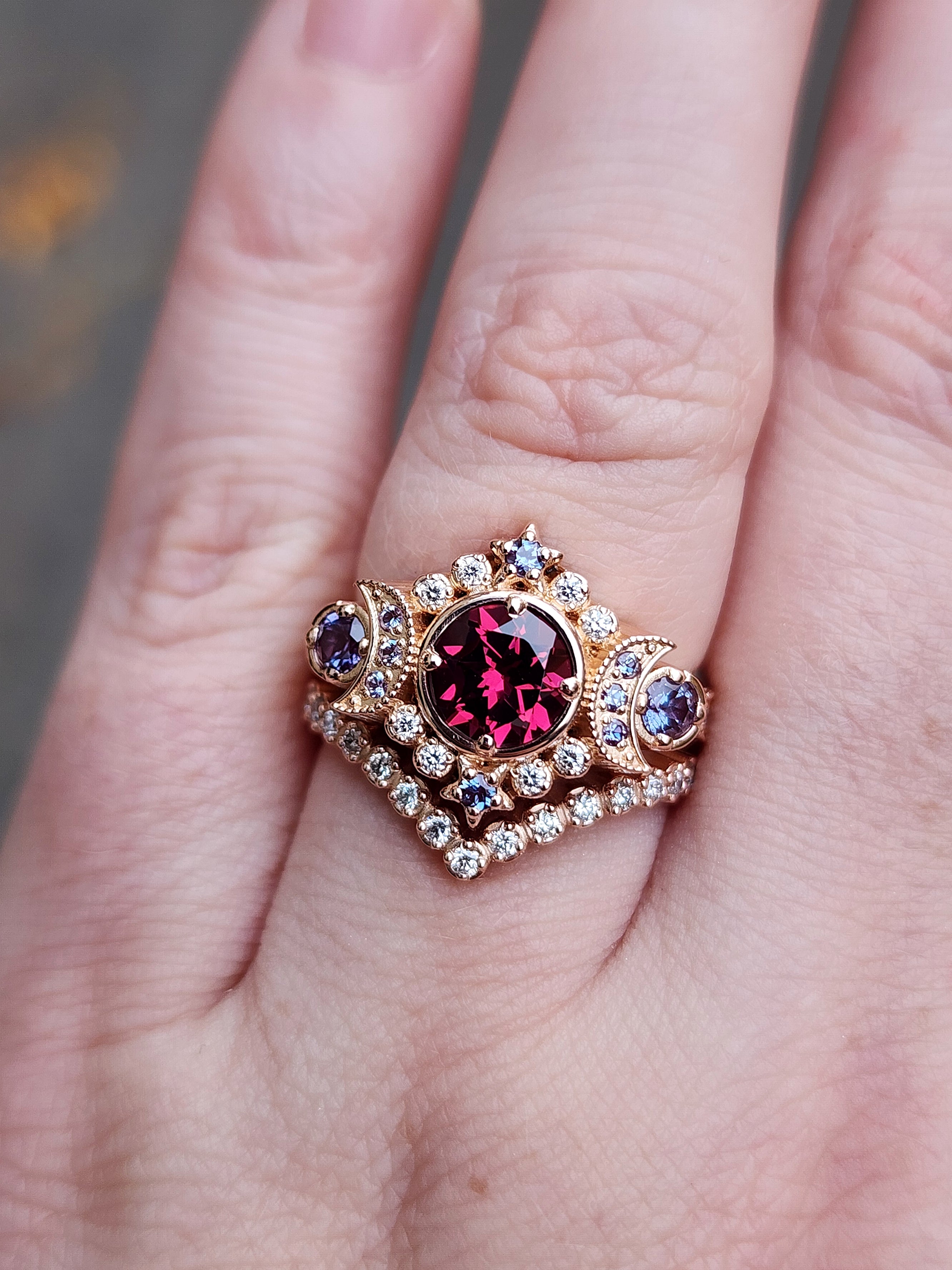 Selene Moon Goddess Ring Set – Size 6 & 7 – 14K Rose Gold with Rhodolite Garnet, Chatham Alexandrite & Pave White Diamonds | Perfect for Weddings, Anniversaries & Special Occasions
