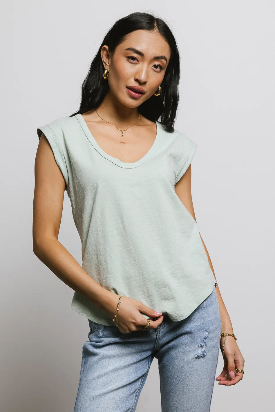 Jaylene Women's Muscle Tee in Sage Green - Soft Stretch Workout Tank Top for Yoga, Gym & Casual Wear - FINAL SALE