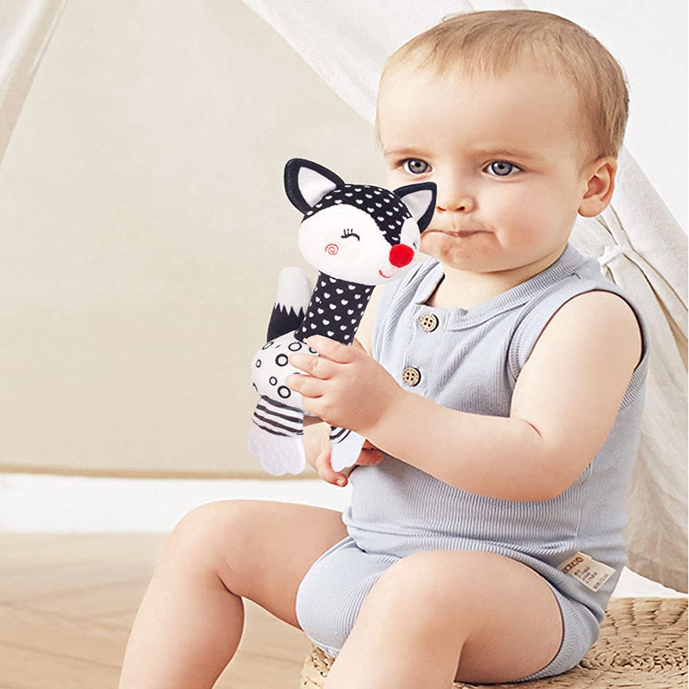 **Soft Plush Fox Rattle Toy for Babies 0-12 Months - Black & White Newborn Developmental Toy with Teether, Sound & Easy Grip - Perfect for Tummy Time, Sensory Play & Early Learning**