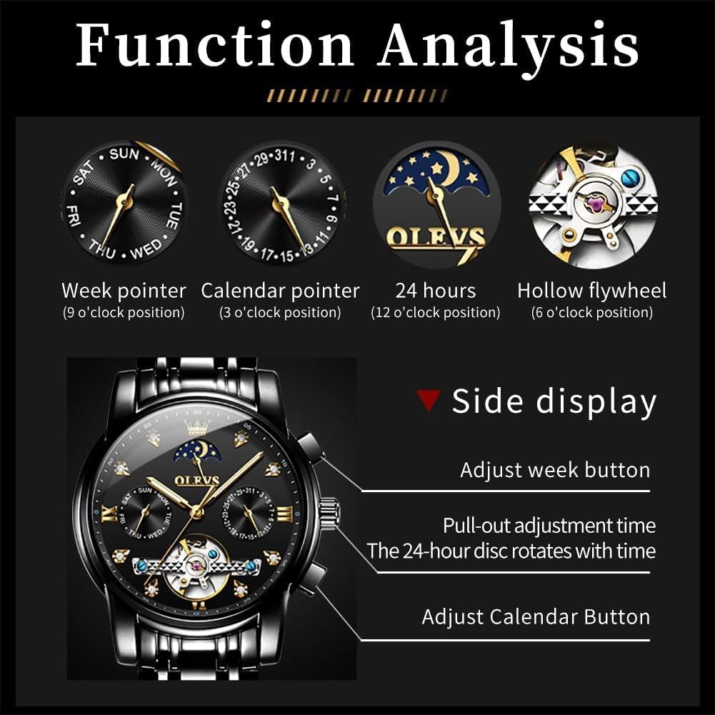 OLEVS Men's Automatic Skeleton Tourbillon Watch - Self-Winding Luxury Dress Watch with Diamond Accents, Stainless Steel Case, Waterproof, Luminous Hands, Moon Phase & Day Date Display - Perfect for Business, Formal Events & Gift Giving
