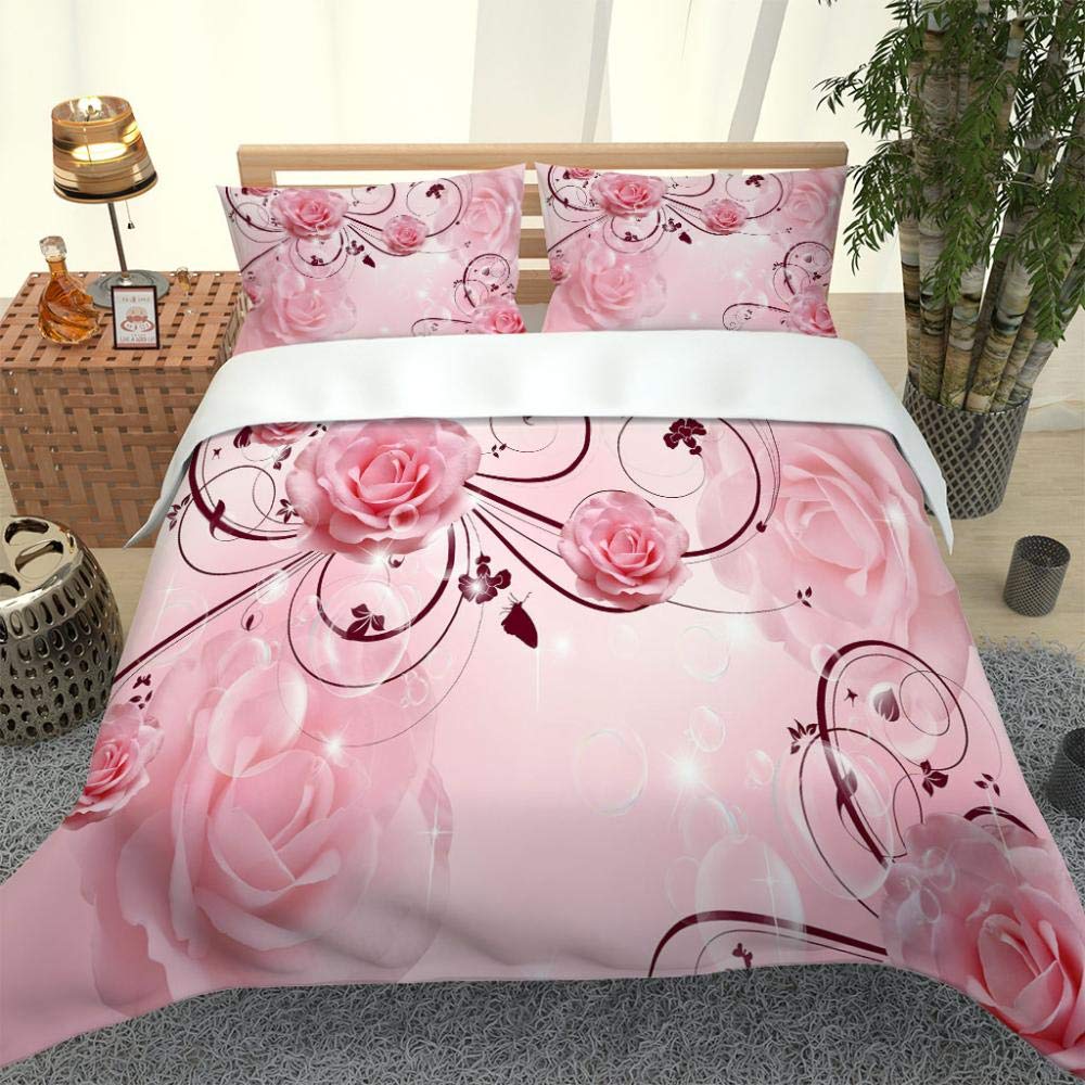 GSKBDQ 3D Pink Rose Print Queen Size Duvet Cover Set - 90x90 Inch Lightweight Bedspread with Comforter Cover & 2 Pillowcases | Soft Floral Bedding Collection for Master Bedroom, Guest Room & Dorm Decor