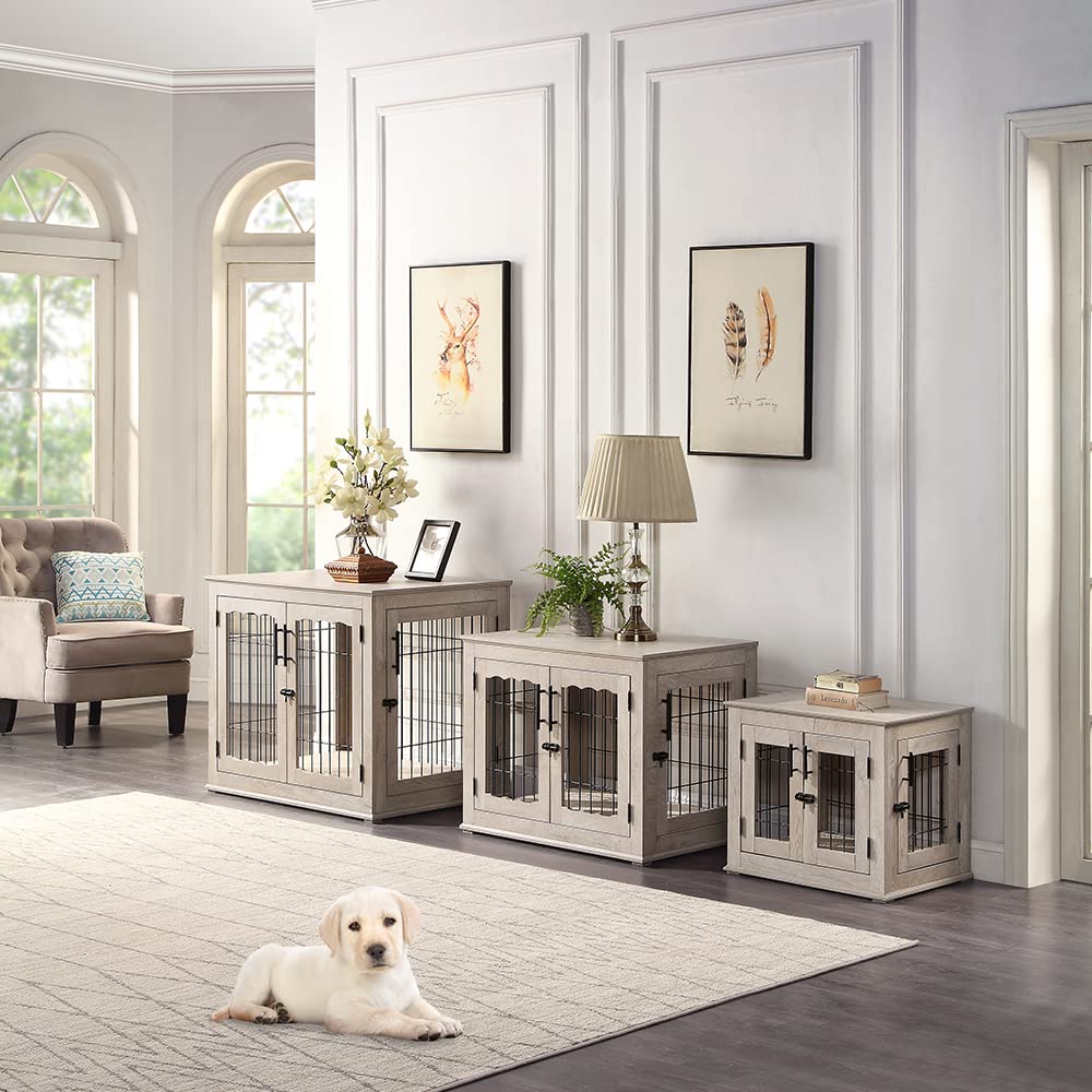 BeeNbkks Double Door Wooden Dog Crate End Table - Stylish Wire Kennel with Removable Pet Bed for Medium & Large Dogs | Indoor Decorative Dog House for Living Room, Bedroom & Home Office