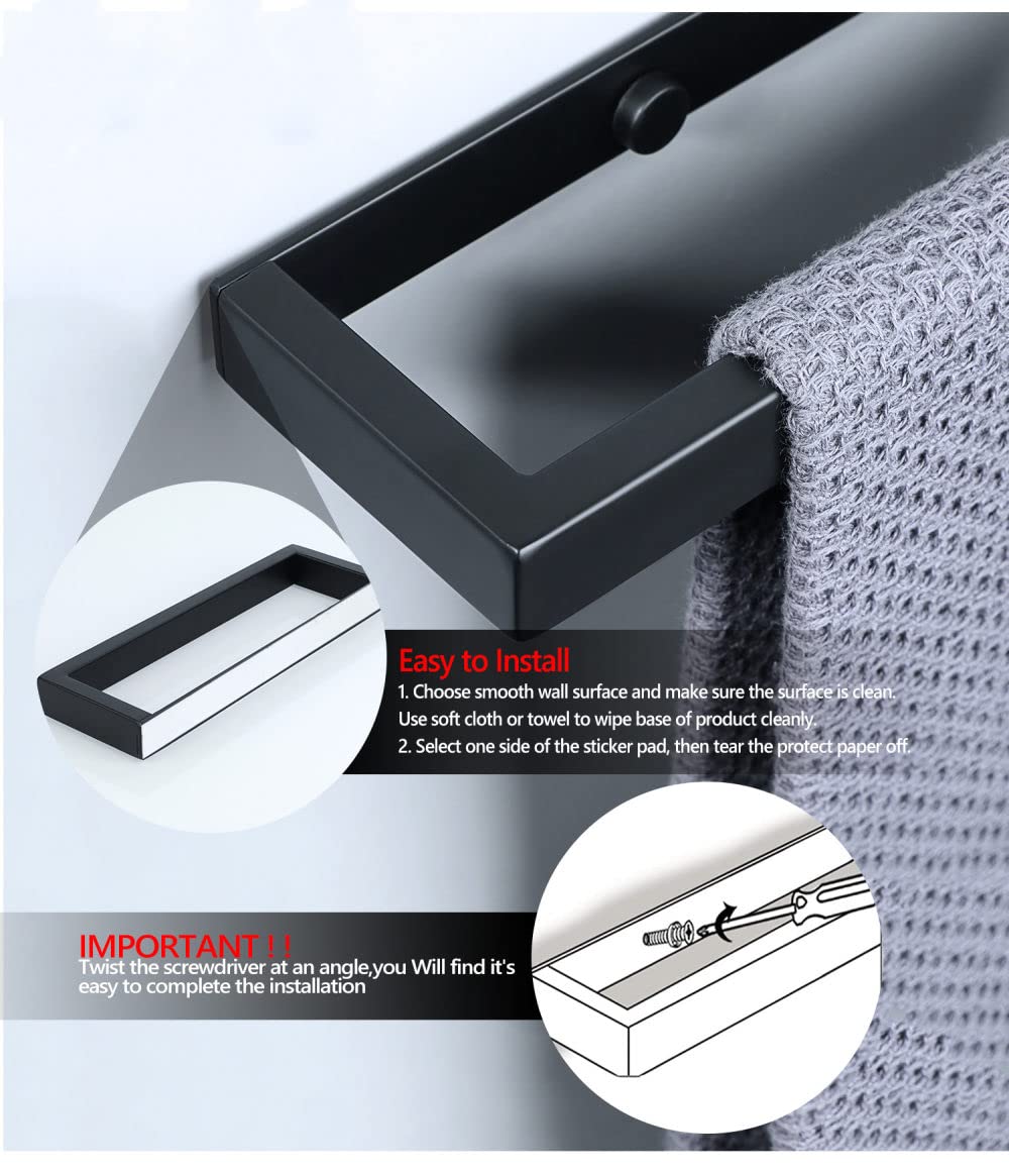 20/30/40/50cm Black Matte 304 Stainless Steel Wall-Mounted Self-Adhesive Towel Holder Ring - Bathroom Towel Rail Bar for Kitchen, Spa & Home Decor