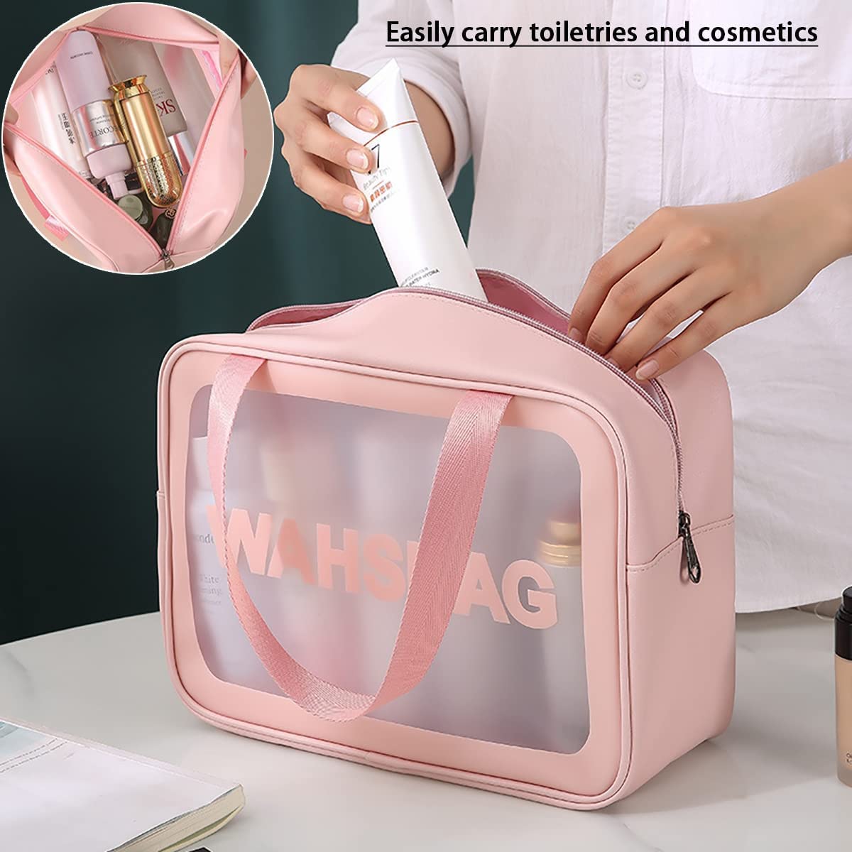 SHRBI 3-Piece Cosmetic Makeup Bag Set - Travel Toiletry Organizer for Cosmetics, Brushes & Accessories - Light Pink & Black Washable Pouch - Perfect for Home, Travel & Gym Essentials Storage