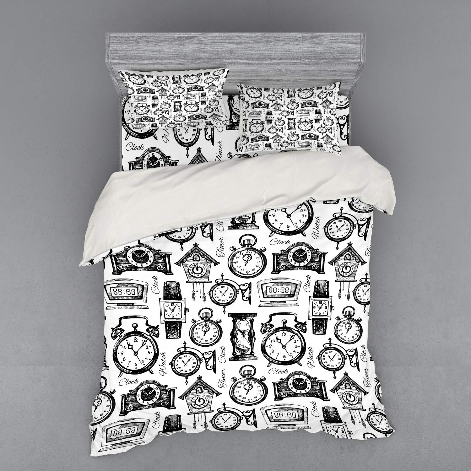 Ambesonne Vintage Clock Bedding Set - Hand Drawn Watches Illustration, Monochrome Black & White 4-Piece Duvet Cover Set with Shams & Fitted Sheet, Queen Size | Perfect for Retro Bedroom Decor & Themed Guest Rooms