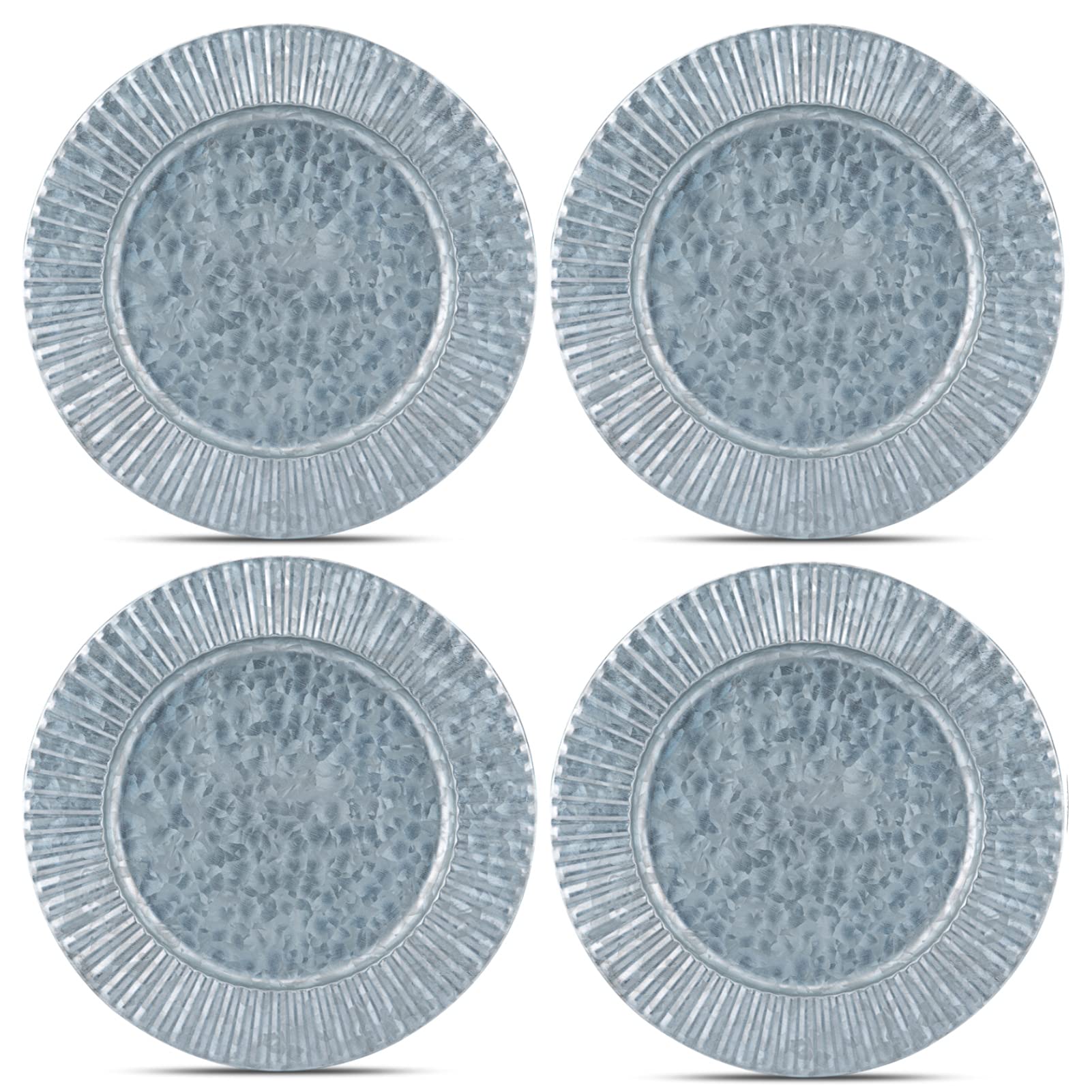 KOXIN-KARLU 4-Piece Ruffled Galvanized Charger Plates Set - 13 Inch Silver Steel Dinner Plate Chargers for Formal Dining & Wedding Decor - Elegant Round Server Ware for Buffets, Parties & Special Occasions