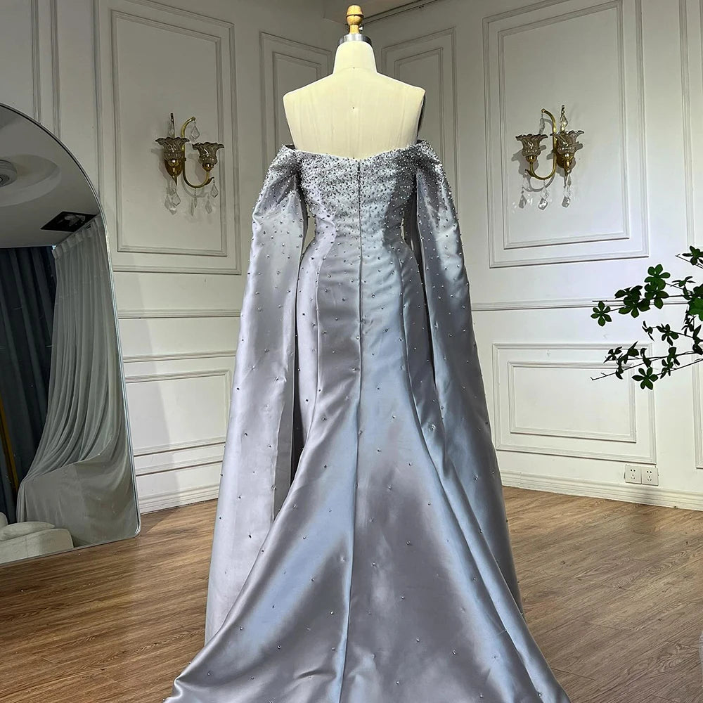 Luxury Dubai Off Shoulder A-Line Gray Satin Evening Gown with Pearl Beading - Elegant Formal Dress for Prom, Wedding & Gala Events LA72779