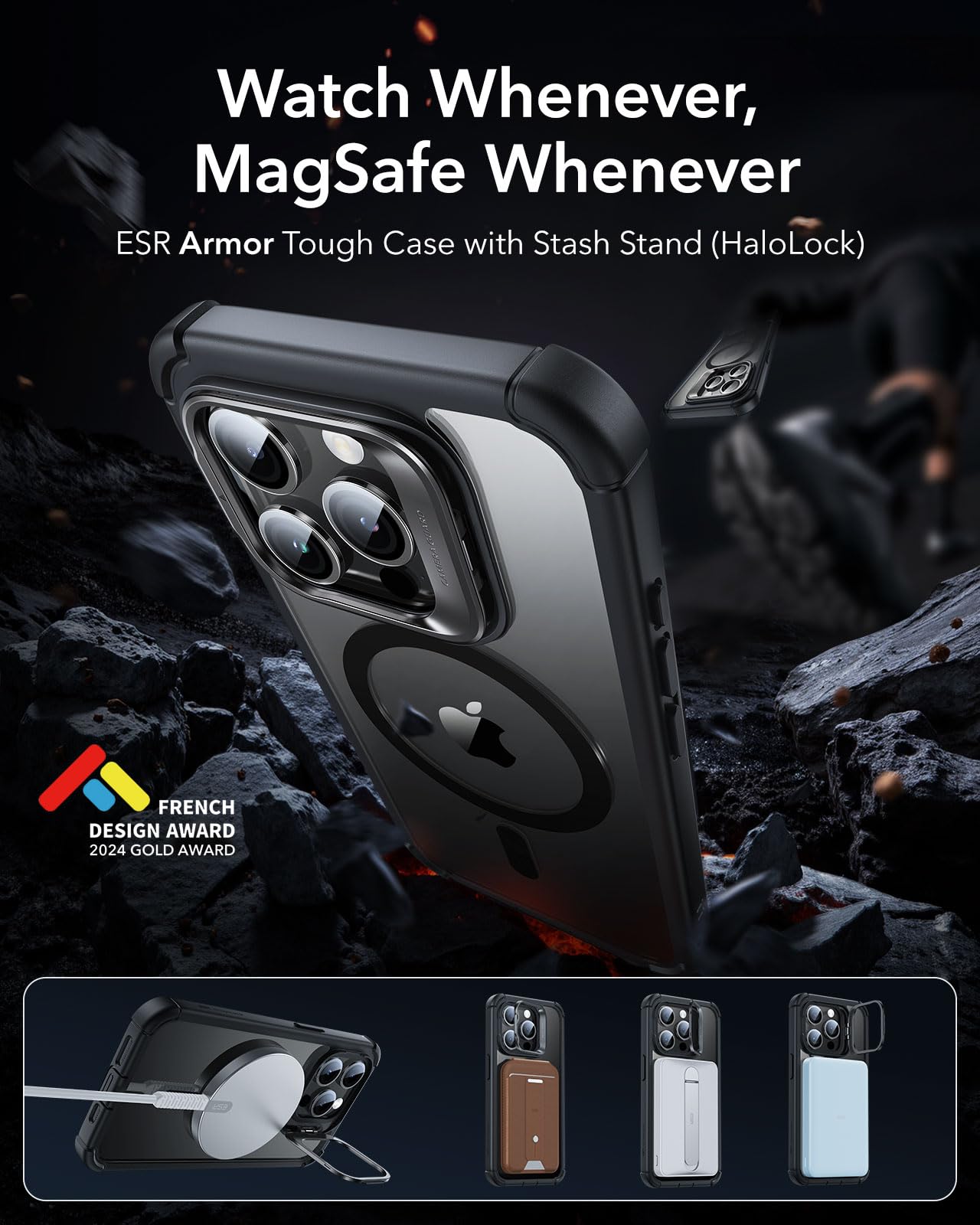 ESR Armor Series Magnetic Shockproof Case for iPhone 15 Pro - Full Body Protection with Built-in Stash Stand & Lens Protectors | Magsafe Compatible Clear Black Phone Cover for Work, Travel & Outdoor Activities