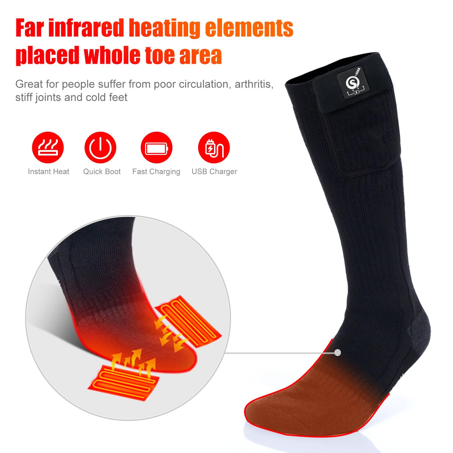 SNOW DEER Heated Socks for Men & Women - Battery Powered Thermal Winter Socks with Temperature Control - Warm Cotton Socks for Skiing, Hiking, Hunting, Motorcycling & Outdoor Activities - Keep Feet Toasty in Cold Weather