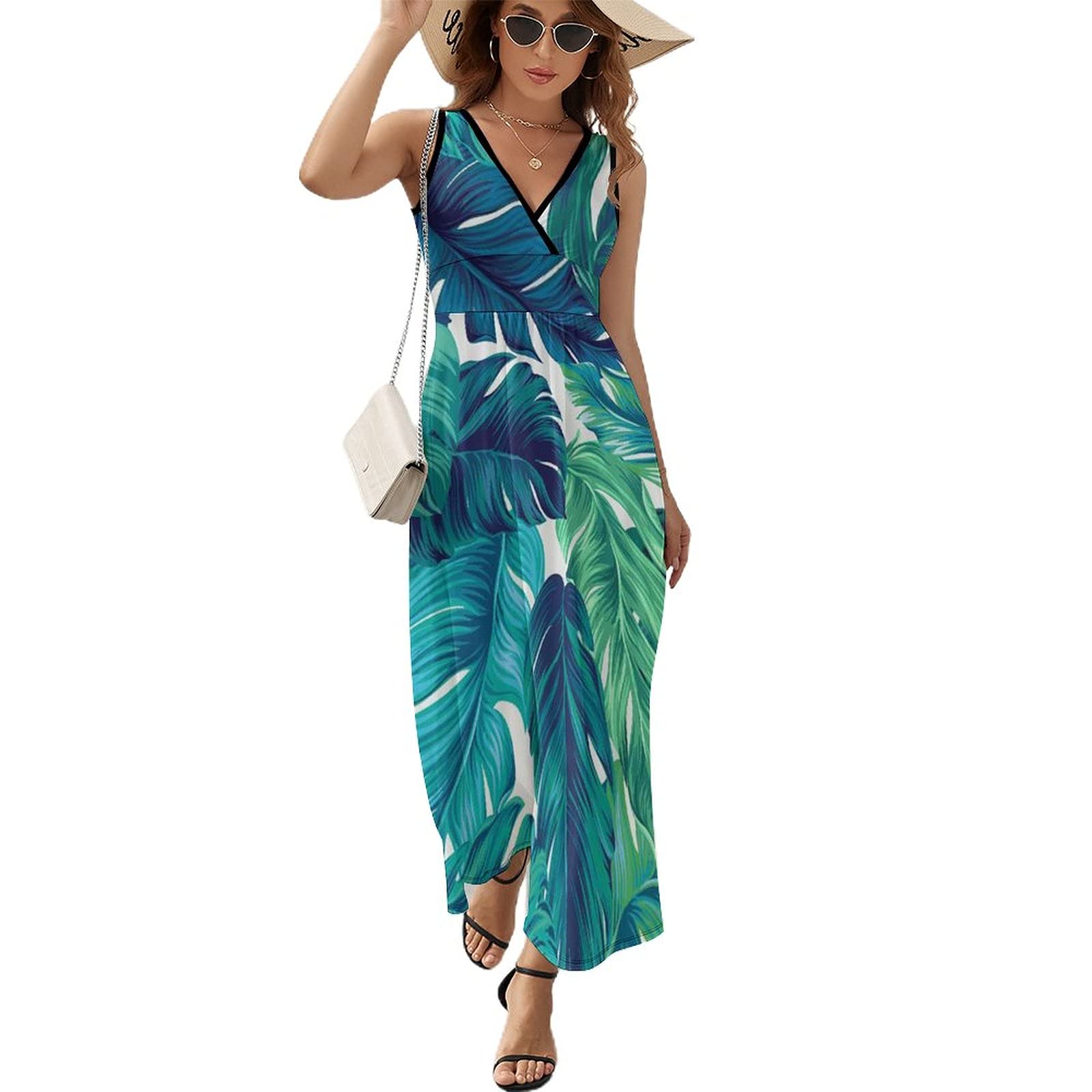 Yiaoflying Women's Tropical Leaves Beach Maxi Dress - Sleefless Summer Sundress for Vacation, Pool Party & Boho Outfit