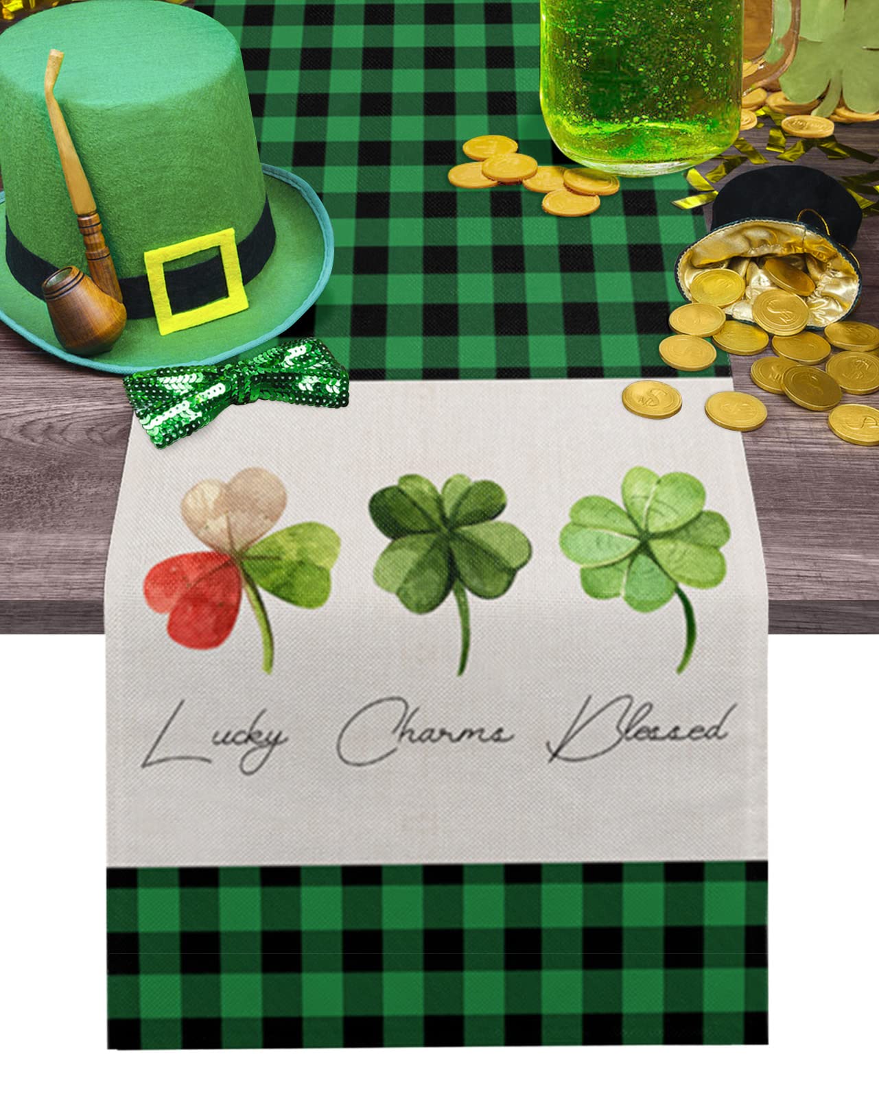 Irish Clover Table Runners 13x70 Inches - St. Patrick's Day Green Lattice Table Linens for Round, Kitchen, Coffee & Dining Tables - Washable & Durable for Home Decor, Parties & Holiday Celebrations