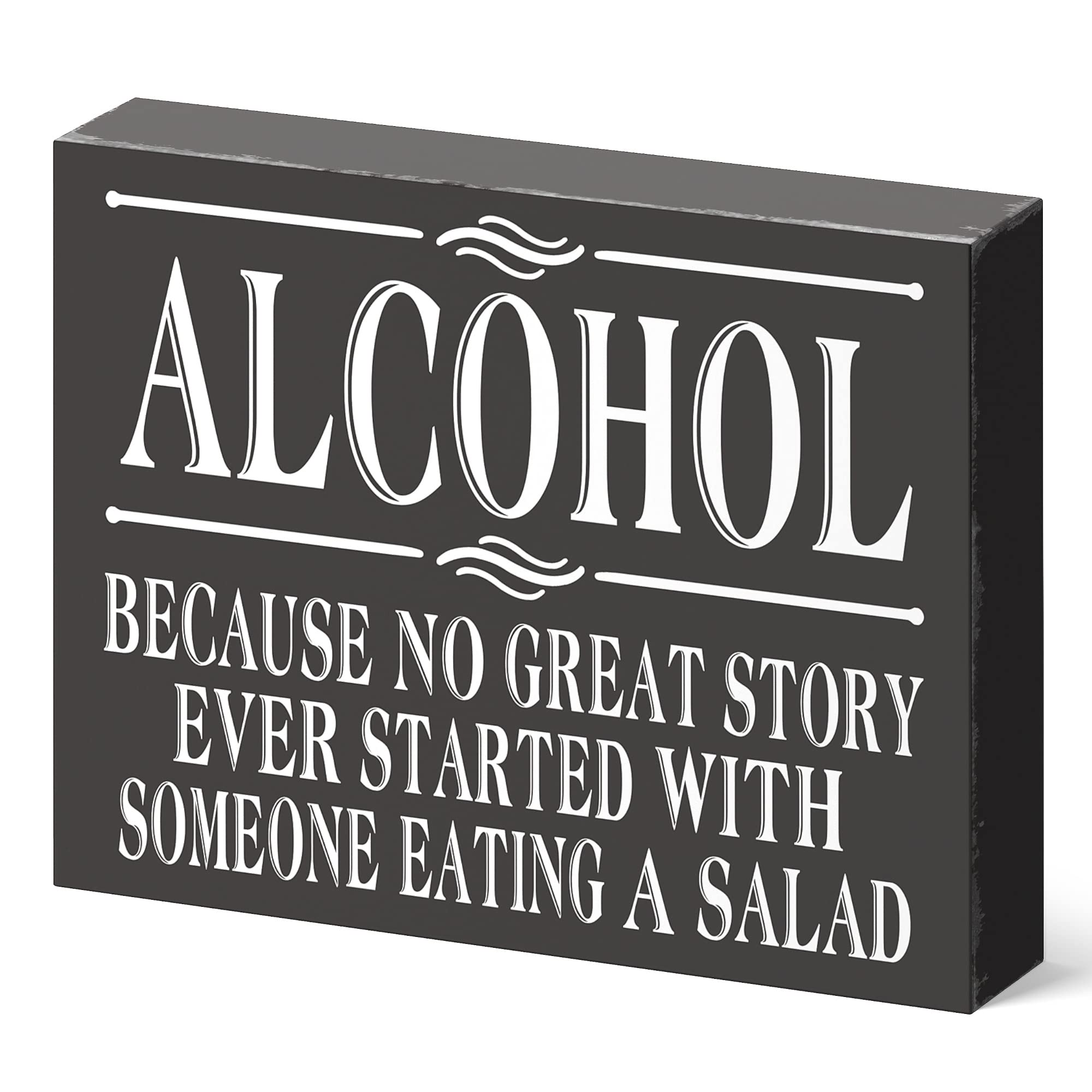 Barnyard Designs Wooden Box Sign - Funny Office & Desk Decor for Women, Primitive Bathroom Shelf Decor - Alcohol Because Humorous Gift for Coworkers & Home Decor