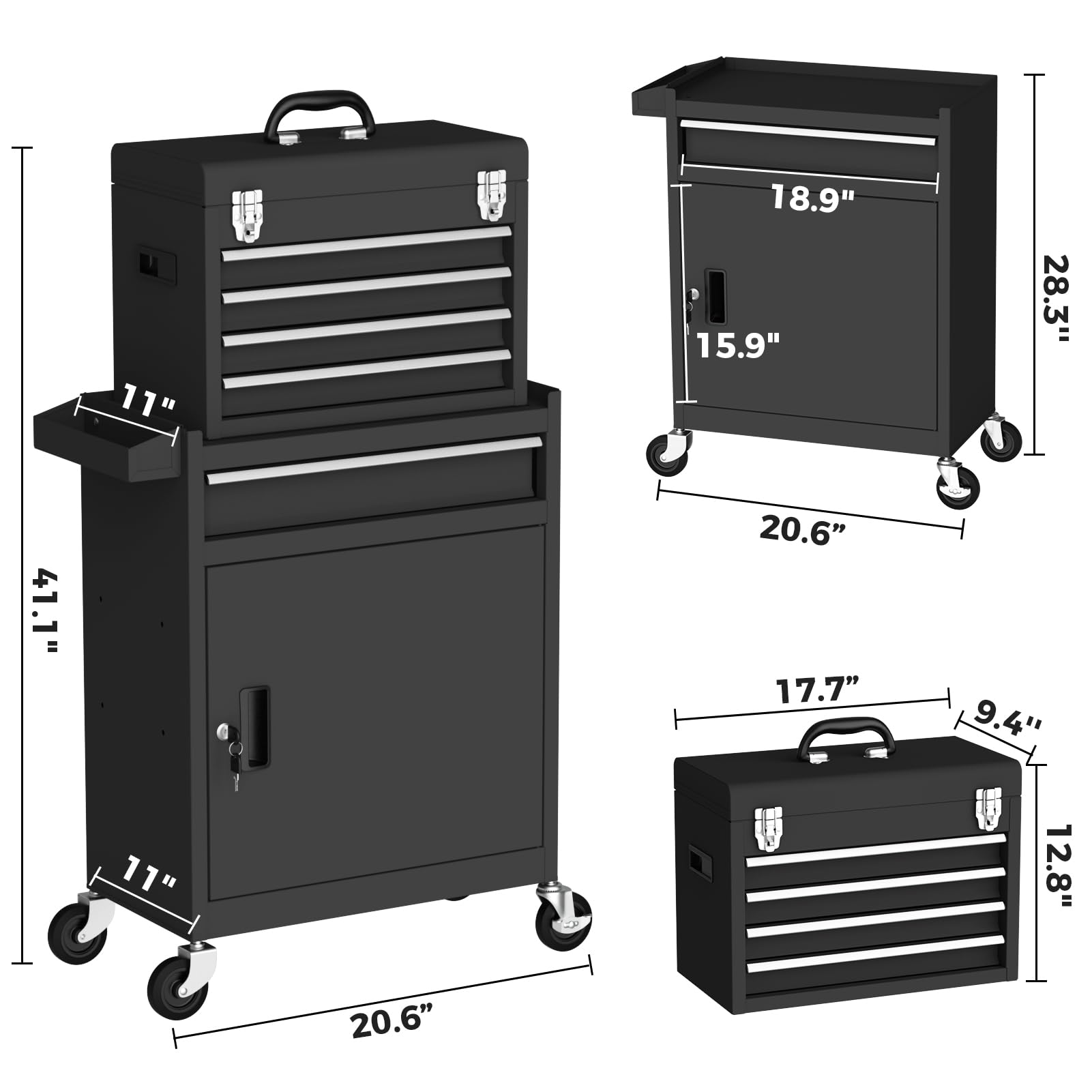 5-Drawer Black Rolling Tool Chest - Heavy Duty 2-in-1 Mechanic Tool Box with Lockable Storage & Wheels | Garage, Workshop & Warehouse Organization | Perfect for Automotive Repair, DIY Projects & Professional Tool Storage