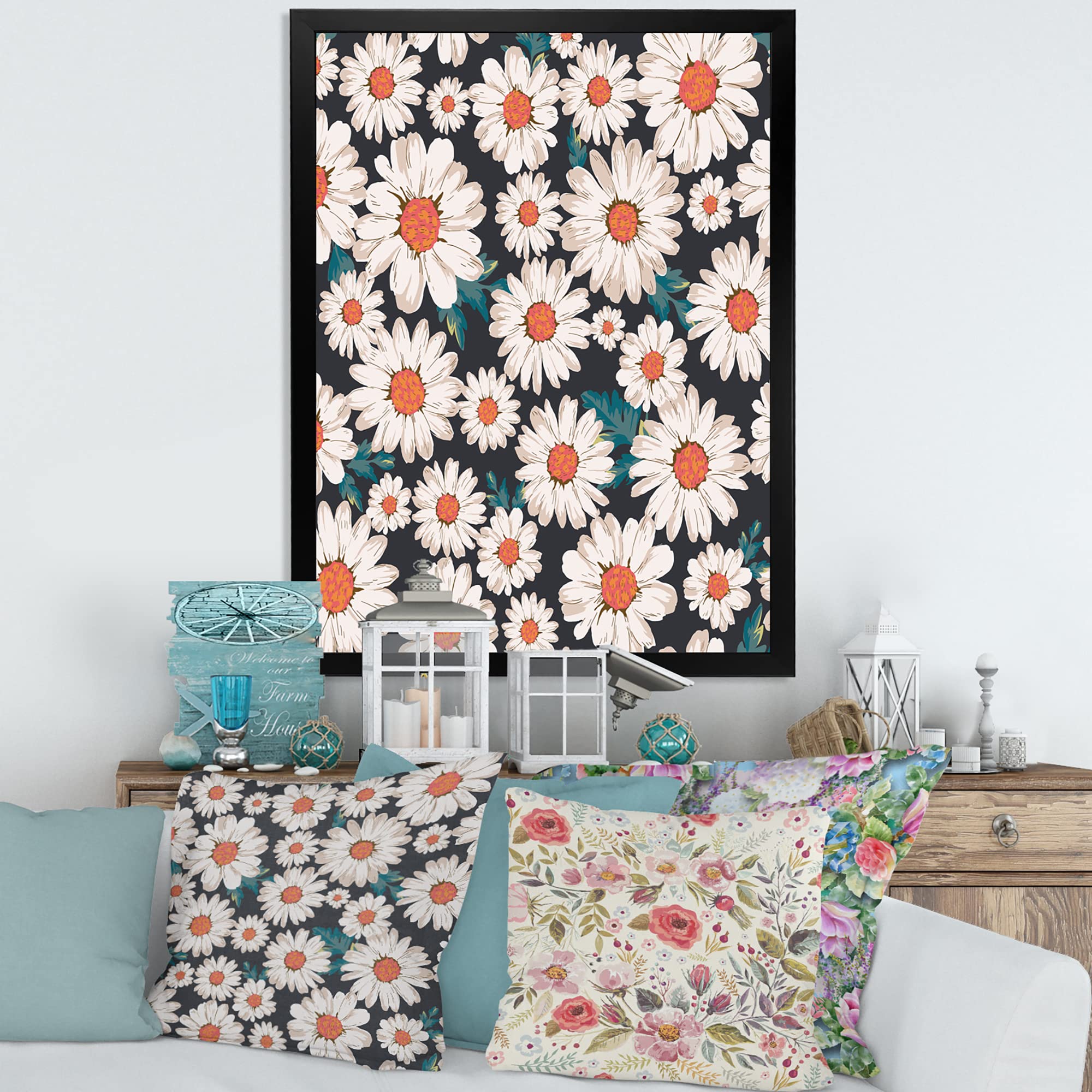 DesignQ Traditional Framed Wall Art - White Daisy Flowers Painting for Home Decor | Perfect for Living Room, Bedroom & Office Wall Decoration