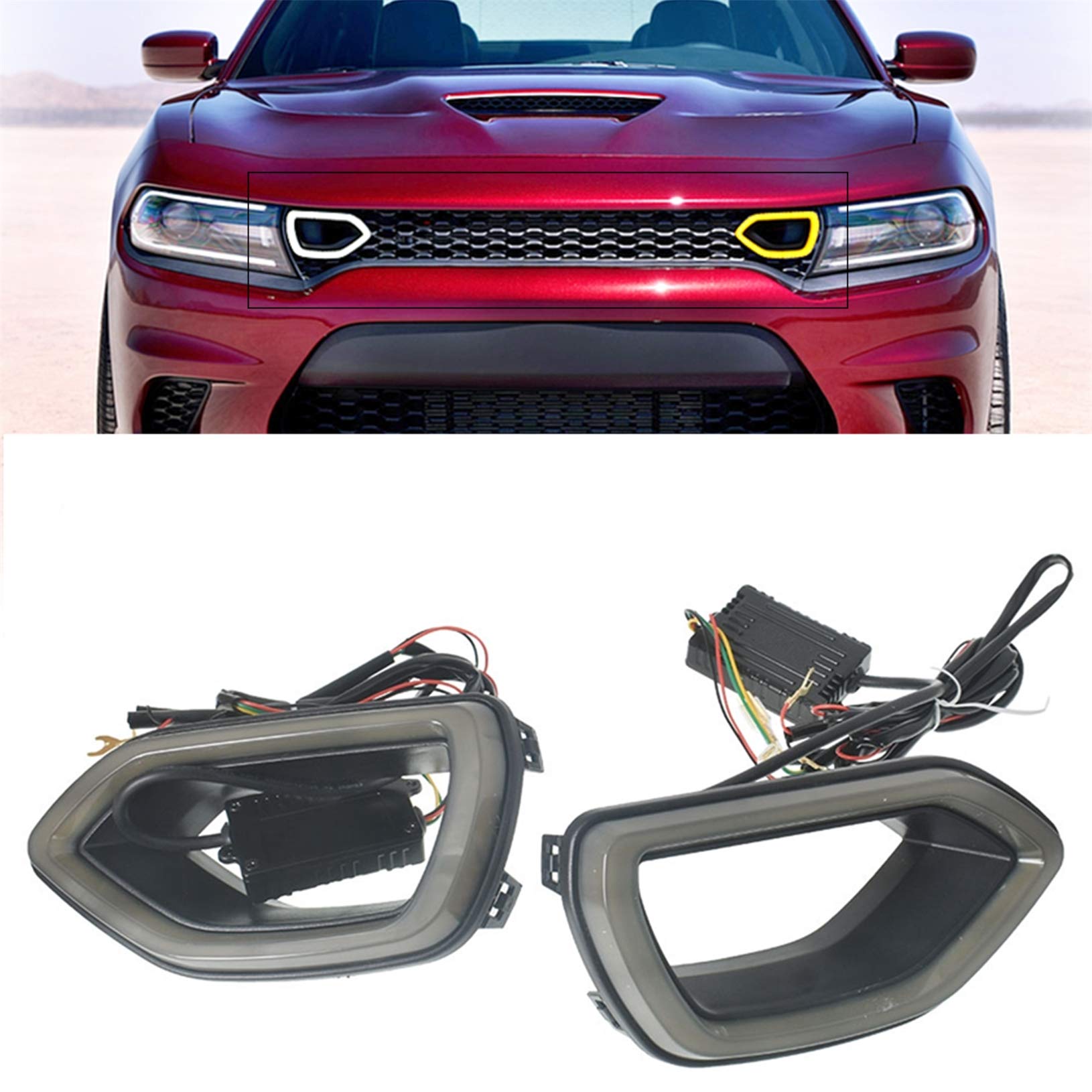 LABLT Pack Grille Smoke LED Lights - White DRL & Yellow Signal Front Bumper Grille Lights for 2015-2019 Dodge Charger - Upgrade Your Ride with Stylish Daytime Running Lights