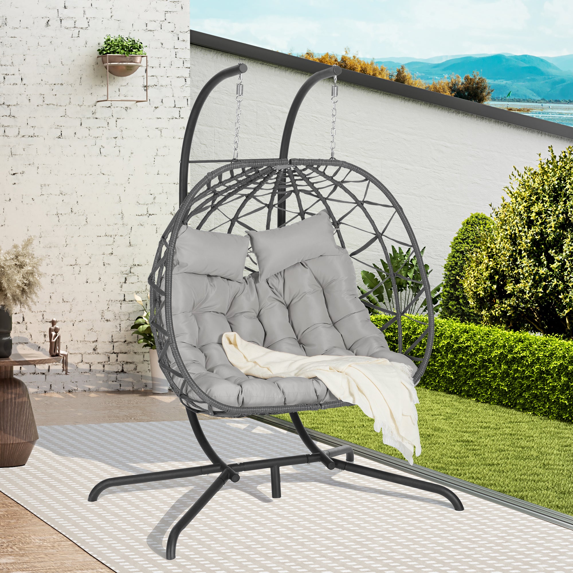 Double Egg Chair with Stand - Hanging Indoor/Outdoor Wicker Rattan Swing Chair with UV-Resistant Cushions (600 lbs Capacity) - Perfect for Bedroom, Balcony, Patio, Garden & Backyard Relaxation