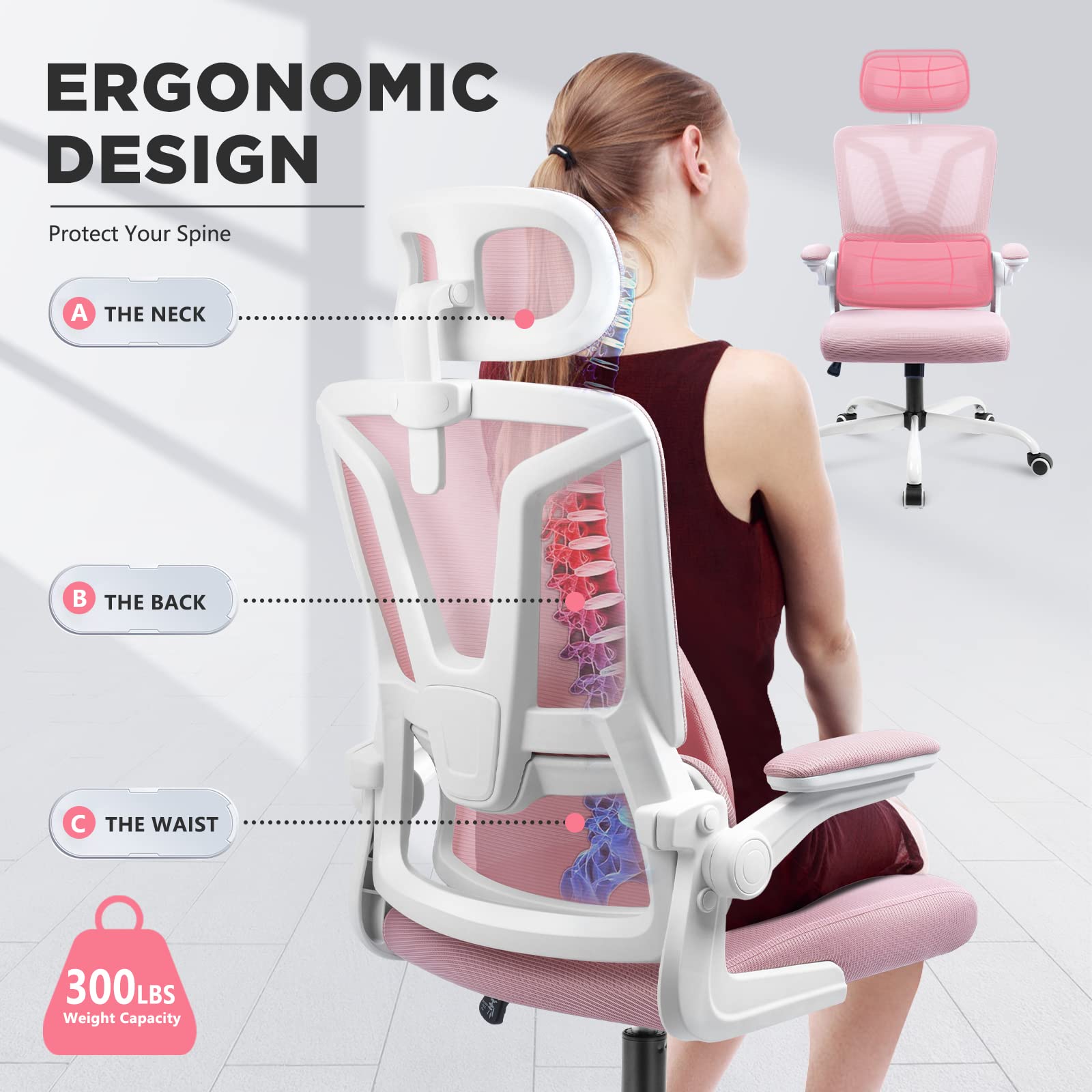 Soontrans Pink Ergonomic Office Chair with Lumbar Support Pillow - Adjustable Mesh Computer Chair with Headrest & Armrests - Comfortable Swivel Desk Chair for Home Office, Gaming & Workspace