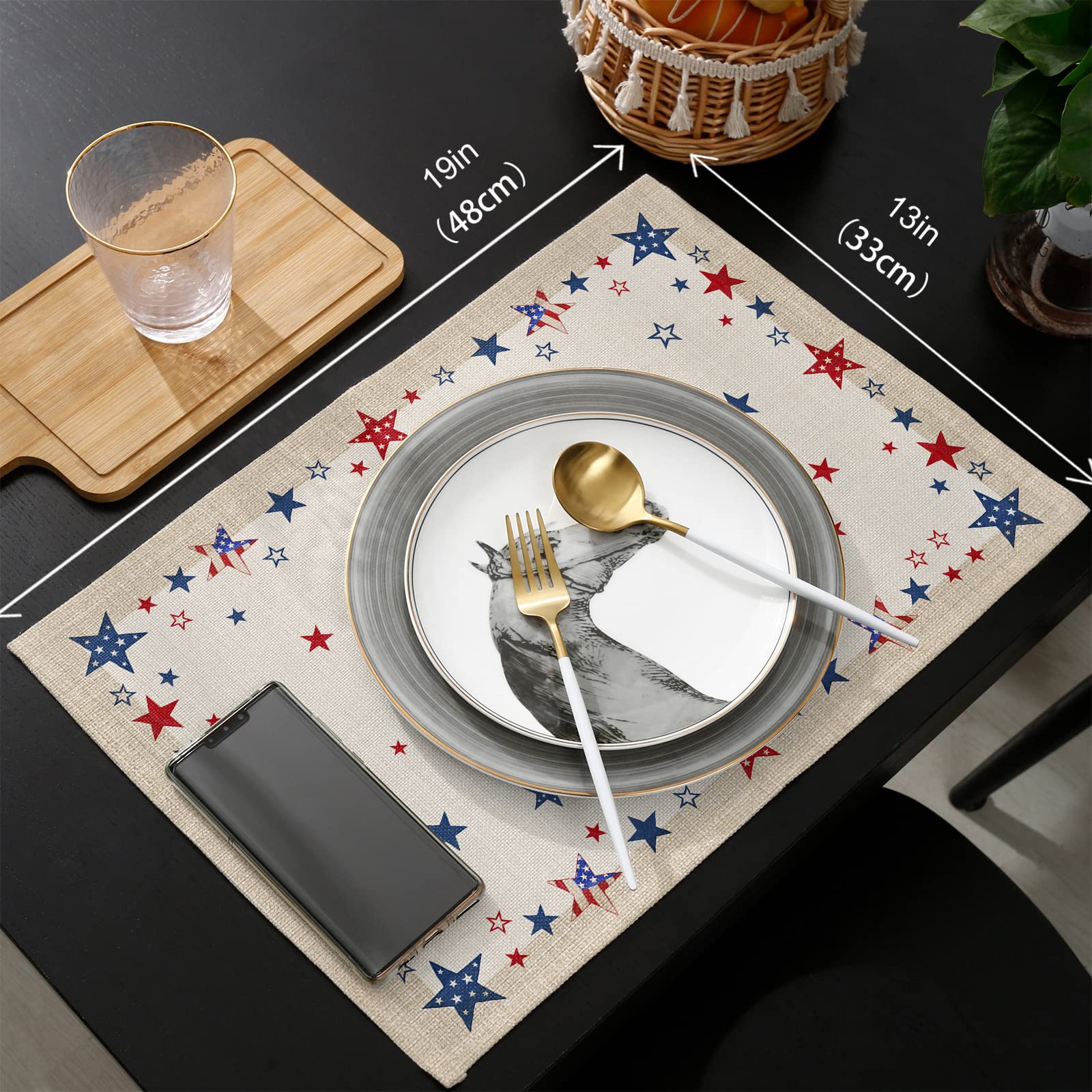 4th of July Placemats Set of 4 - Patriotic Red White & Blue Cotton Linen Heat-Resistant Table Mats for Holiday Dining, Kitchen Decor - Perfect for Independence Day Parties, BBQs & Family Gatherings