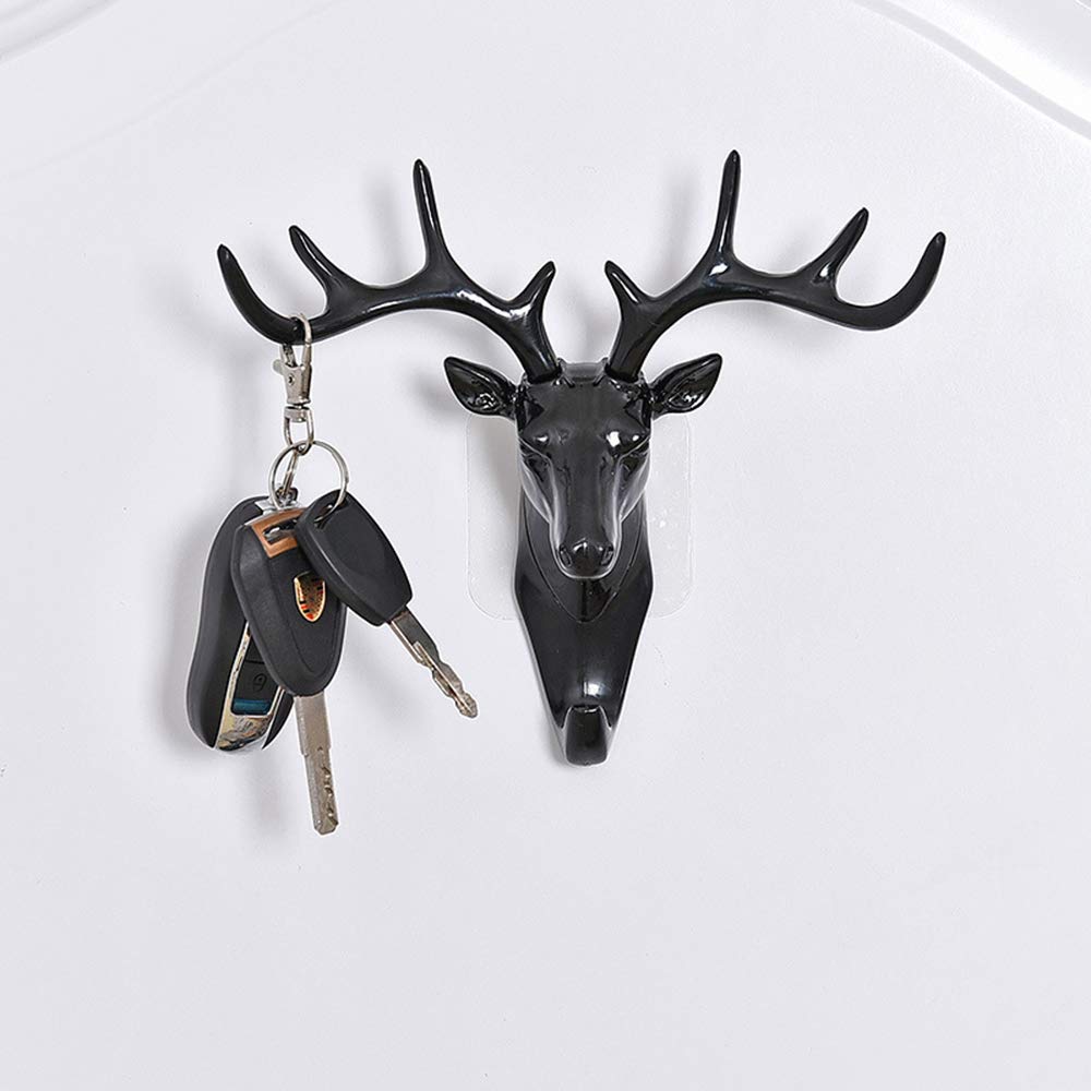 Deer Wall Key Holder with 9 Hooks - No Drill Wall Mounted Key Organizer & Decorative Storage for Entryway, Bedroom, Office - Black