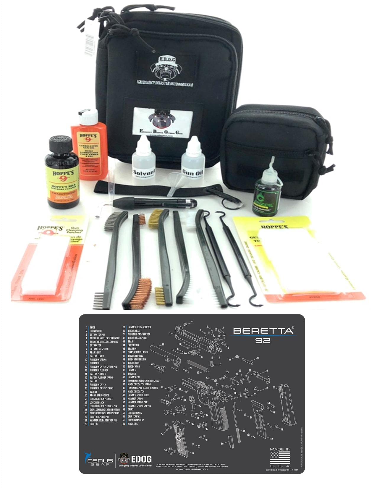 RangeMaster Elite EDC Bag Gun Cleaning Kit for Beretta 92 - Includes Schematic Mat (Exploded View), Hoppes No.9 Gun Oil, Solvent, Patches & Clenzoil CLP - 10-Piece Firearm Maintenance Set for Handgun Cleaning & Range Day Essentials