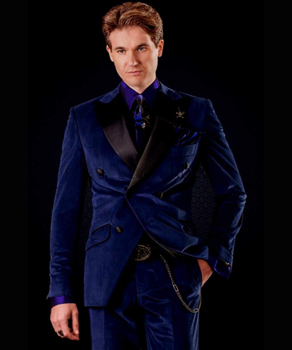 SOLOVEDRESS Men's 2 Piece Velvet Suit - Double Breasted Slim Fit Tuxedo Set (Blazer & Pants) for Wedding, Groomsmen, Prom & Formal Events
