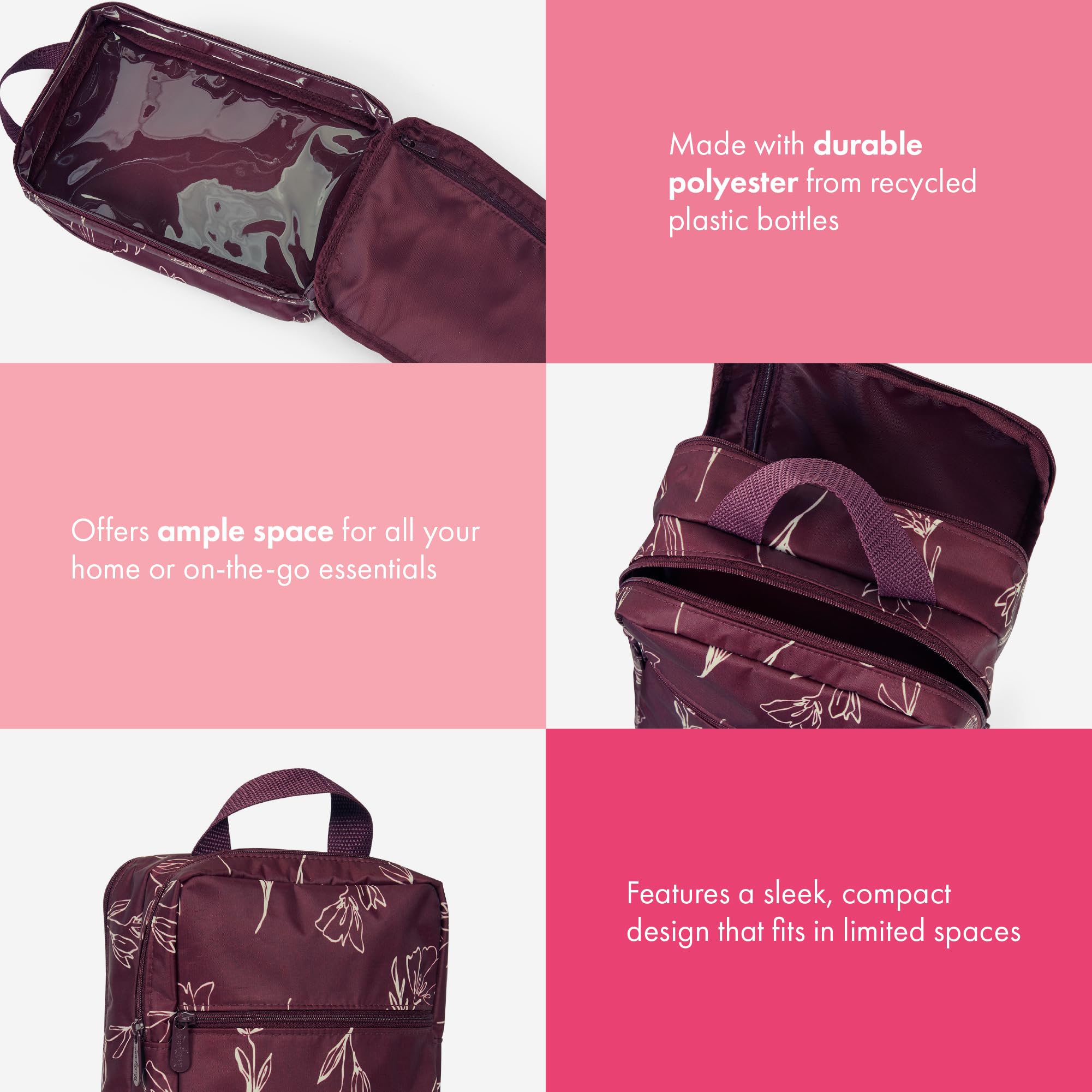 THIRTY-ONE Gifts Modern Toiletry Bag - Small Travel Cosmetic Organizer for Makeup & Bathroom Essentials - Rosedust Shibori & Sketched Floral Design - Perfect for Weekend Getaways & Gym Essentials