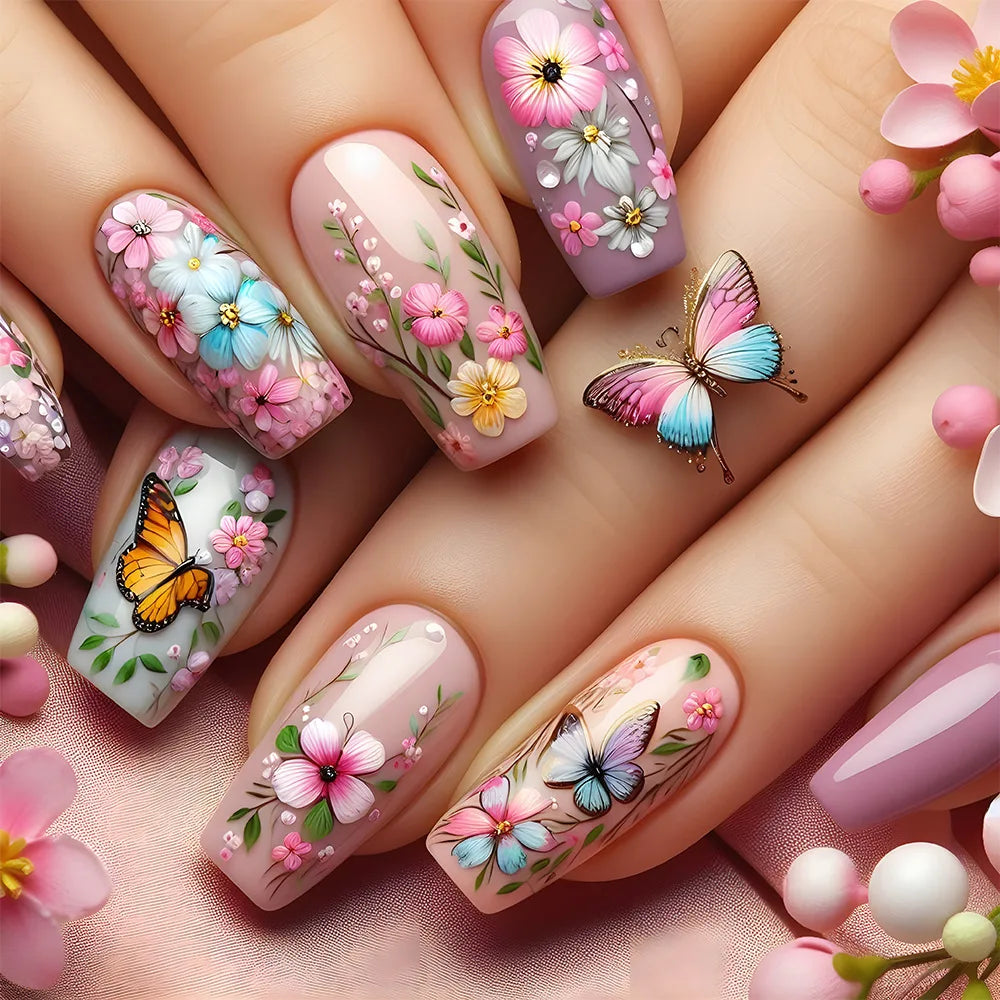 24Pcs Medium Length Ballet Fake Nails - Pink Gradient Spring Floral Sea Design Press on Nails, Acrylic Nail Tips for Manicure, Perfect for Parties, Weddings & Daily Wear