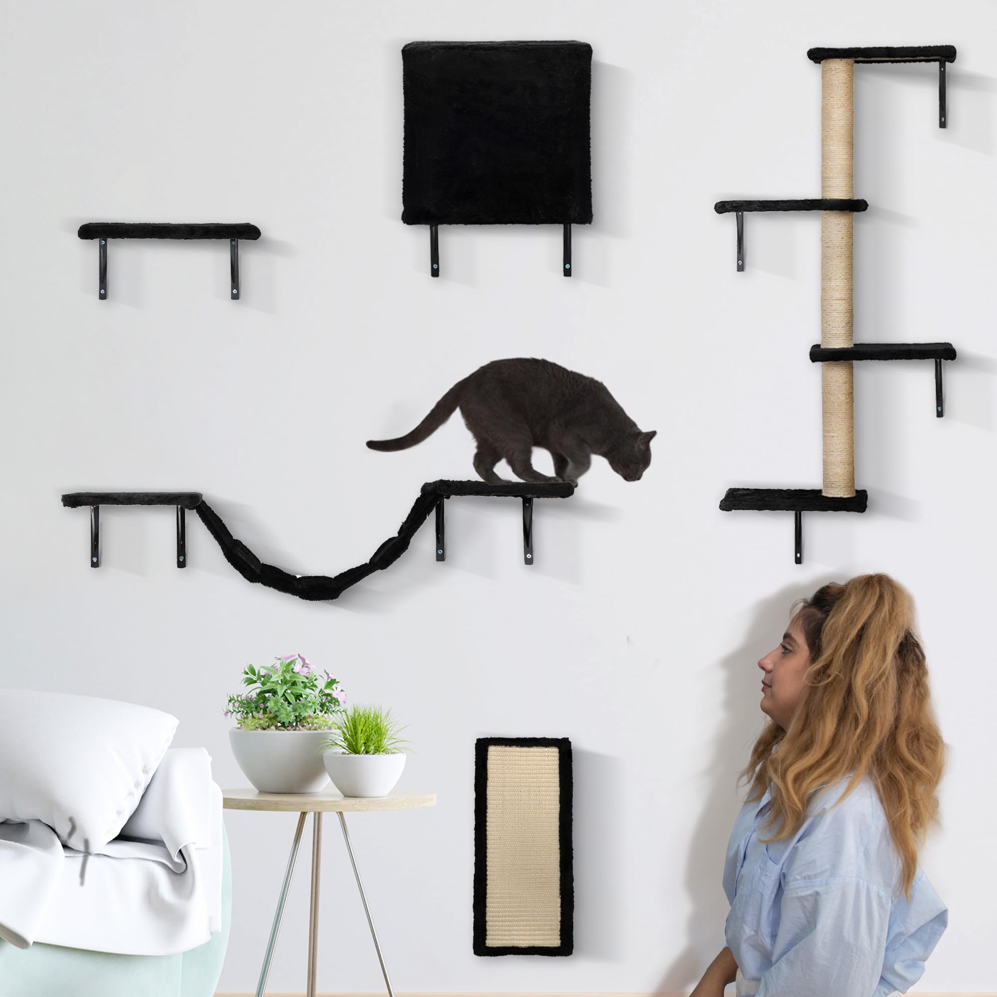 COZIWOW 5-Piece Cat Wall Shelves & Perches Set - Modern Cat Climbing Furniture with Scratching Post, Hanging Bed, House, Steps & Tree for Large/Small Cats (Black) - Perfect for Indoor Cat Play & Relaxation Spaces