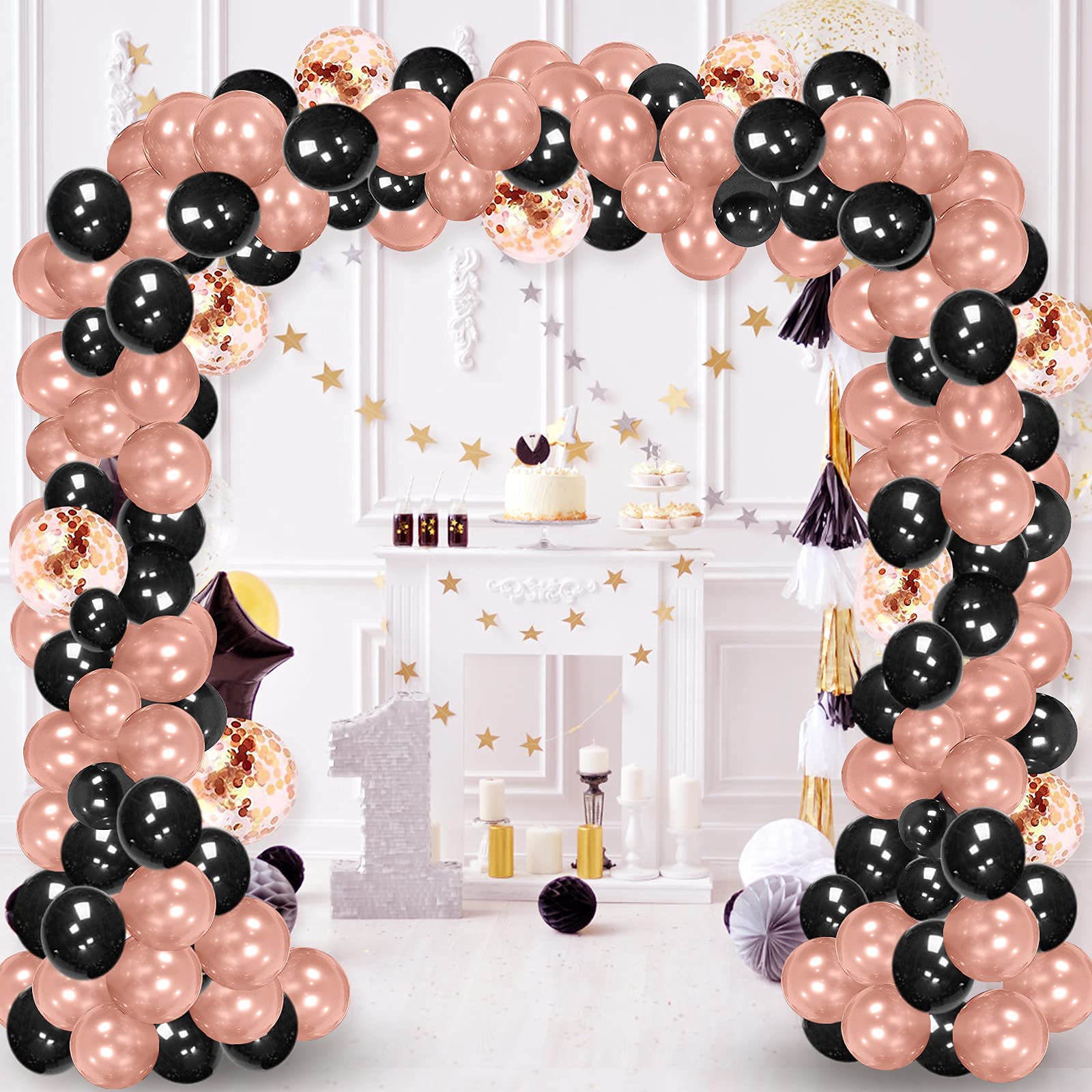 Black Rose Gold Balloons Garland Arch Kit - 112Pcs Rose Gold & Black Confetti Latex Balloons for Birthday, Wedding, Bridal Shower, Graduation, Retirement Party Decorations - Perfect for Indoor & Outdoor Celebrations