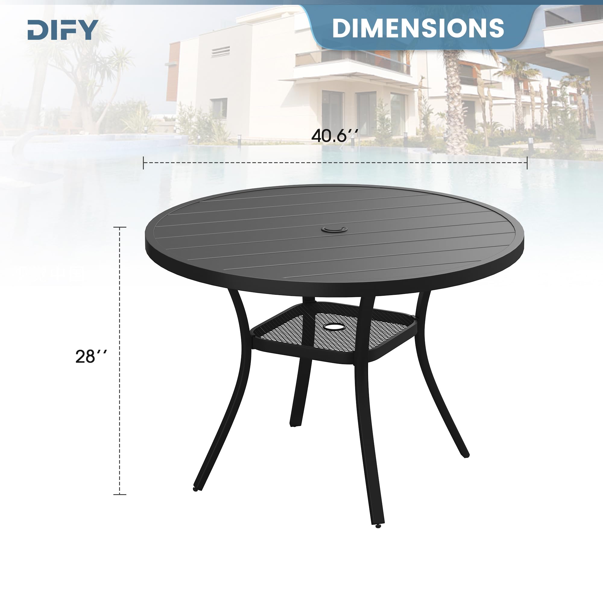 DIFY 4-Person Round Outdoor Dining Table with Umbrella Hole - Weatherproof Patio Table for Garden, Backyard, Porch & Balcony - Perfect for BBQs, Poolside Dining & Outdoor Entertaining (Black)