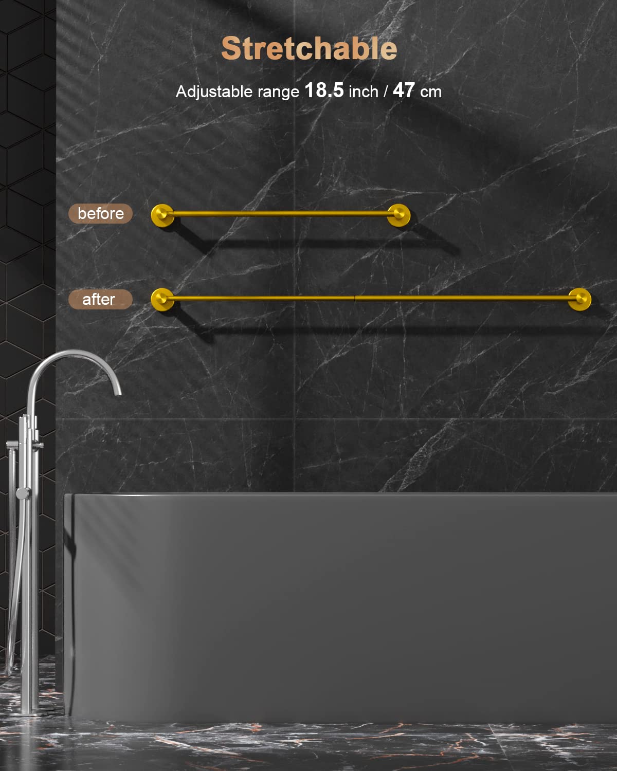 ZUEXT Adjustable Single Bath Towel Bar 23.6-42 Inch - Brushed Gold Stainless Steel Expandable Towel Holder - Wall Mounted Towel Rail for Bathroom, Kitchen & Washroom - 1