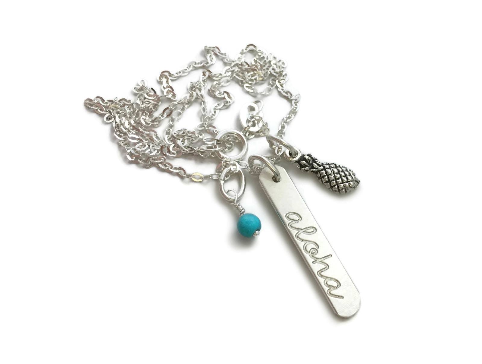 925 Sterling Silver Beach Jewelry - Hawaiian Aloha Pineapple Pendant with Genuine African Turquoise Gemstone Necklace | Perfect for Summer Vacations, Tropical Parties & Boho Fashion