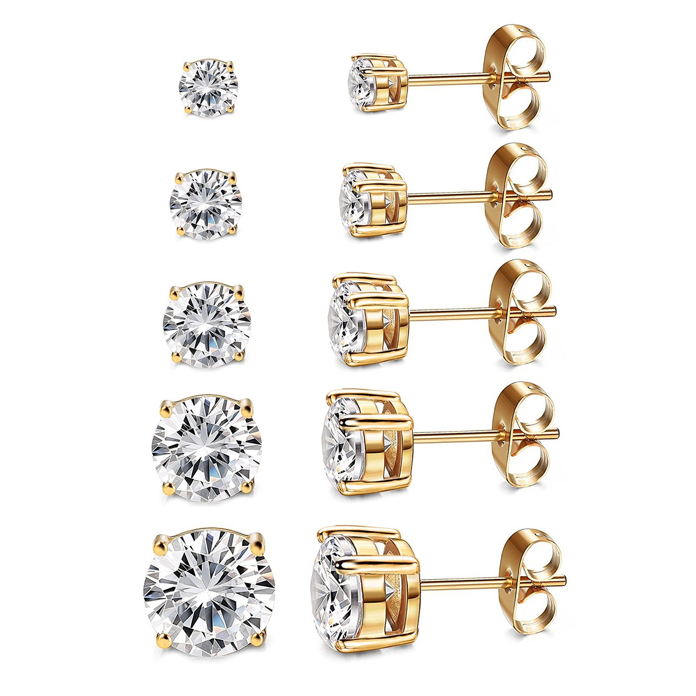 Kainier 14K Gold Plated CZ Stud Earrings for Women - Round Simulated Diamond Cubic Zirconia Earrings Set (5 Pairs) | Perfect for Everyday Wear, Gift Giving & Special Occasions