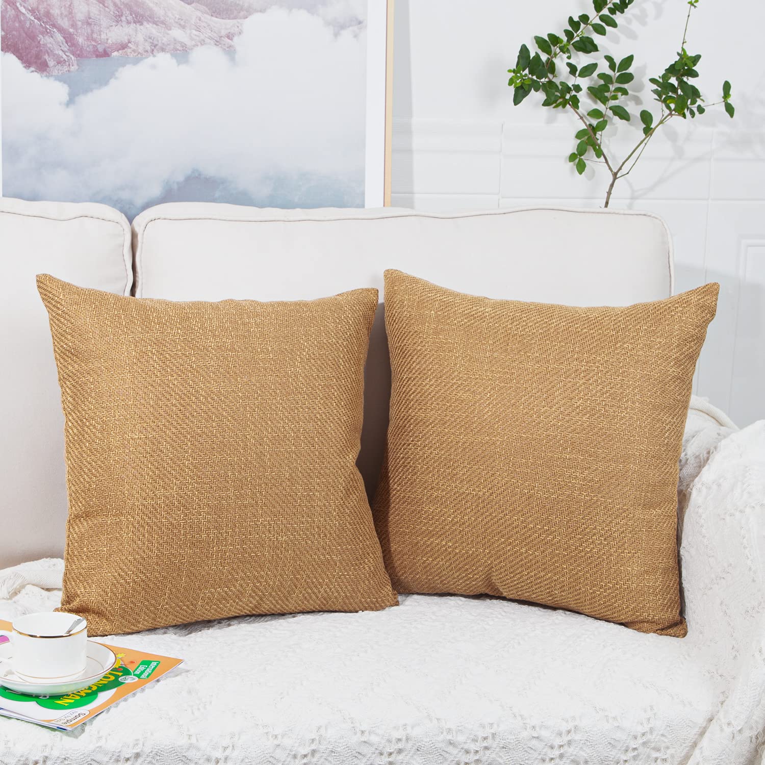 Artcest Set of 2 Rustic Throw Pillow Covers - 18x18 Inch Farmhouse Burlap Linen Cushion Cases for Couch, Bed & Living Room Decor (Gold Brown) | Perfect for Cozy Home, Farmhouse Style & Seasonal Decoration