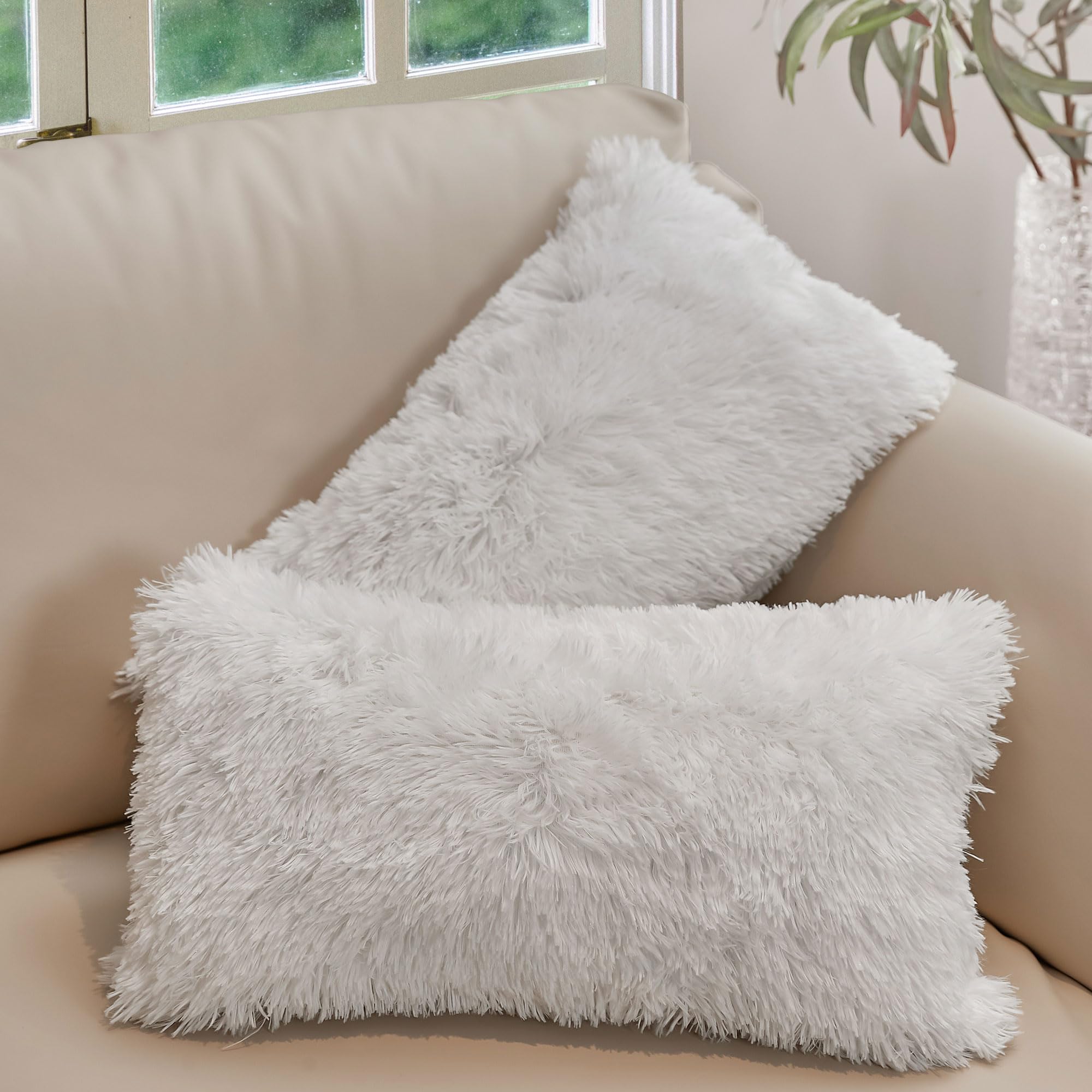 Soft Shaggy Throw Pillows Set of 2 (12x20 Inch) - Cozy Long Hair Faux Fur Couch & Bed Pillows with Inserts - White - Perfect for Living Room Decor, Sofa Accents & Bedroom Comfort