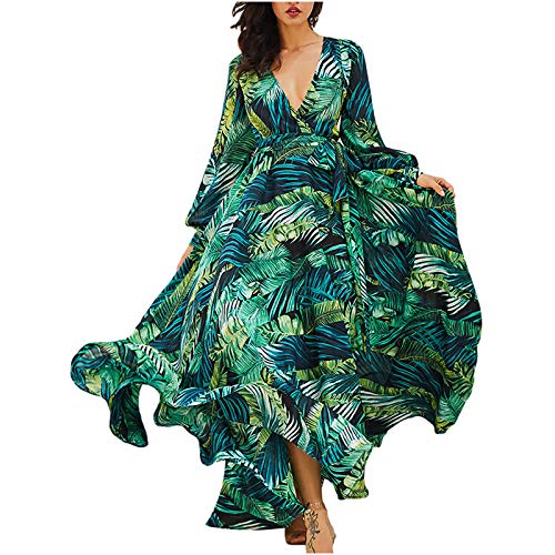 Boho Floral Print Wrap V-Neck Maxi Dress for Women - Summer Beach Party Sundress with Belt (Size S, Green) | Perfect for Vacation, Holiday, and Casual Outings