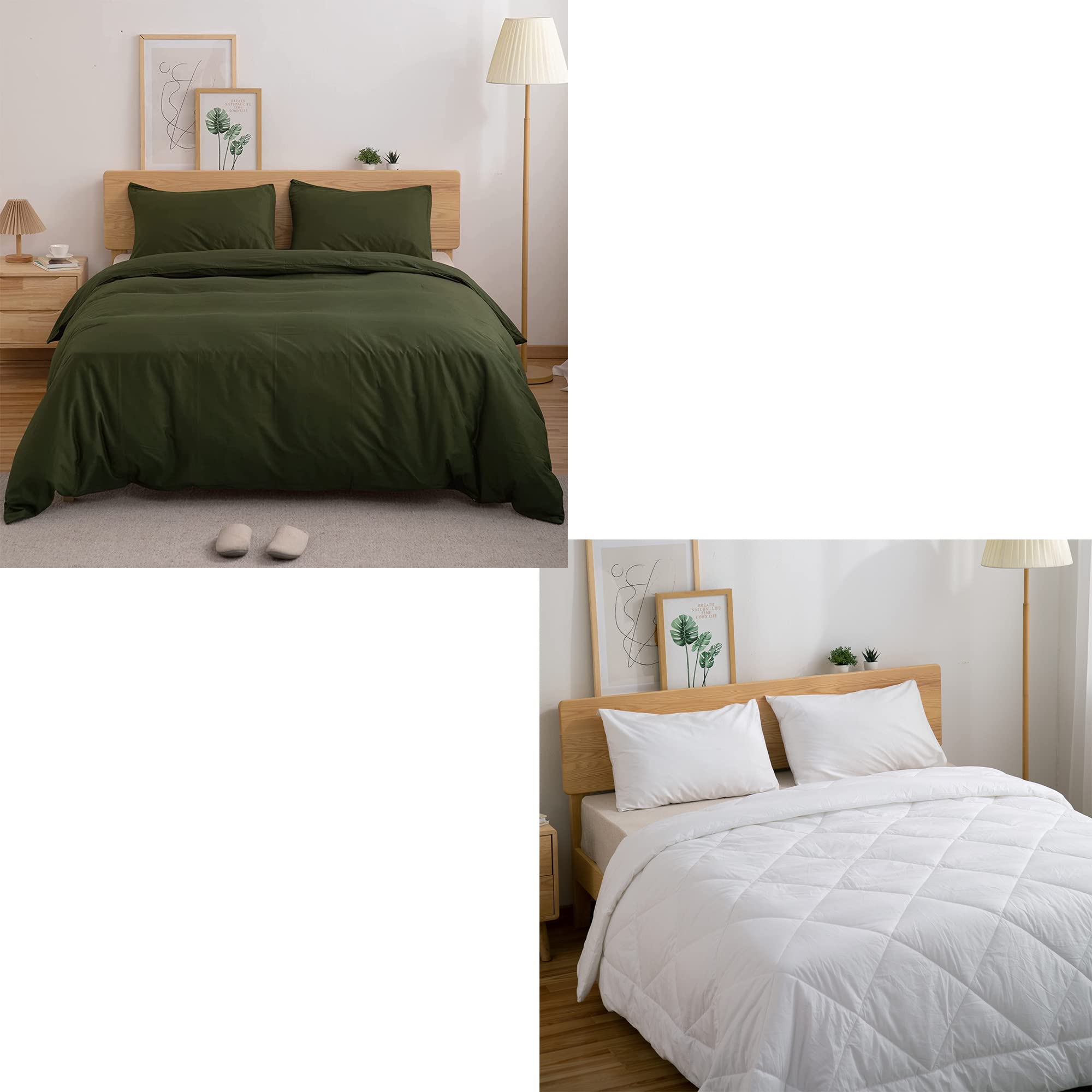 ATsense 6-Piece Queen Size Bedding Set - Washed Cotton Green Duvet Cover & Microfiber White Comforter | Ultra Soft All-Season Luxury Bed Sheets | Perfect for Master Bedroom, Guest Room & Vacation Homes