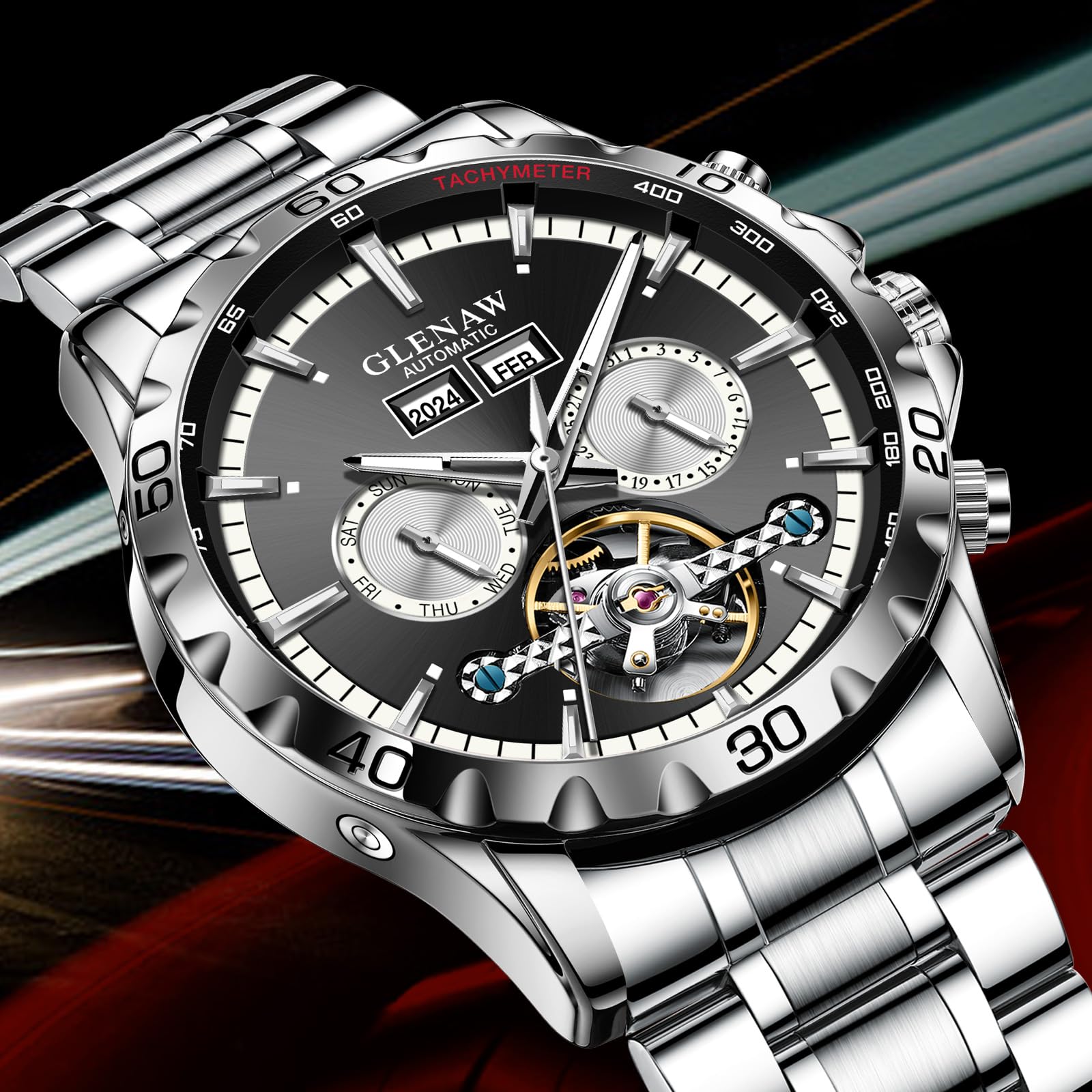 Men's Automatic Skeleton Tourbillon Watch - Luxury Self-Winding Mechanical Wristwatch with Day Date & Luminous Hands - Perfect for Business, Formal Events & Gift Giving