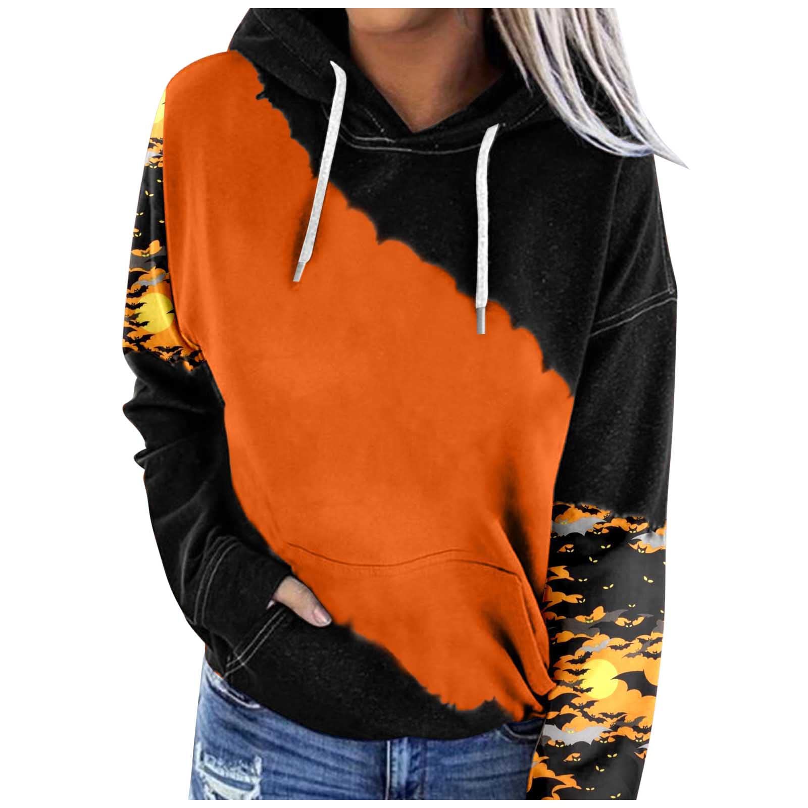 Women's Casual Halloween Print Colorblock Hoodie with Drawstring & Pocket - Thin Lightweight Pullover for Fall, Winter, and Everyday Wear - Perfect for Halloween Parties, Outdoor Activities, and Lounge Comfort