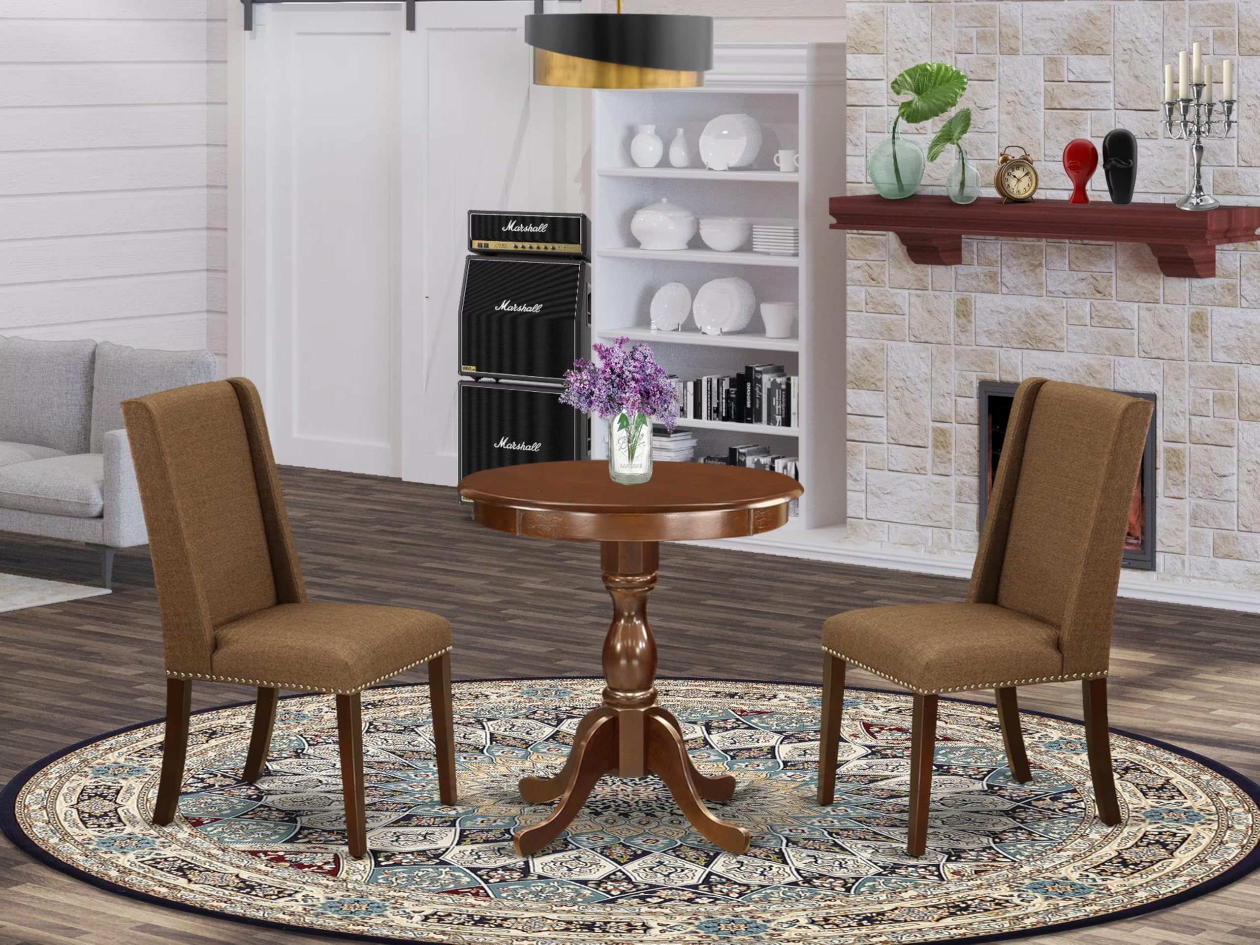East West Furniture ESFL3-MAH-18 3-Piece Round Dining Table Set with Pedestal Base & 2 Brown Linen Upholstered Chairs, 30x30 Inch, Mahogany Finish - Perfect for Small Spaces, Breakfast Nooks & Cozy Apartments