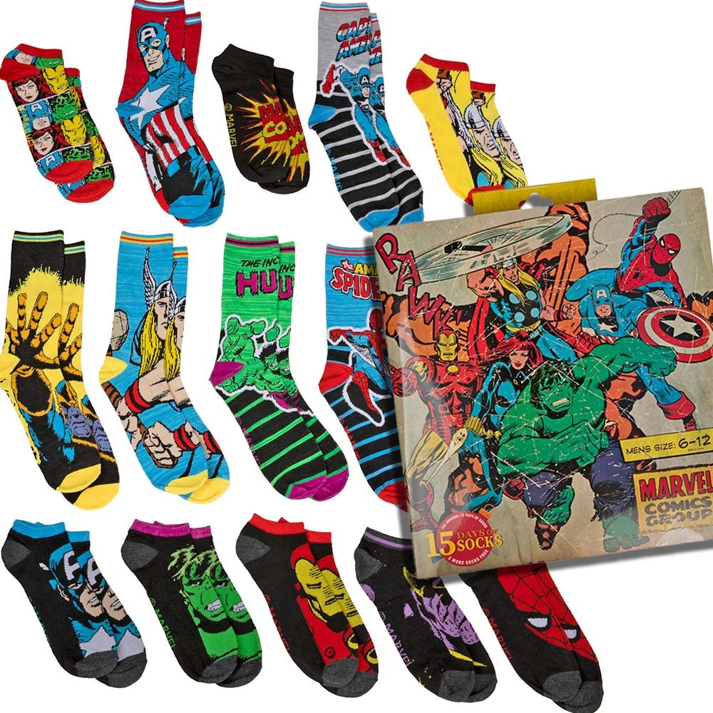 Marvel 15 Days of Socks Pack - 7 Crew & 8 Low Cut Socks for Men & Women - Perfect for Gifts, Cosplay & Everyday Wear