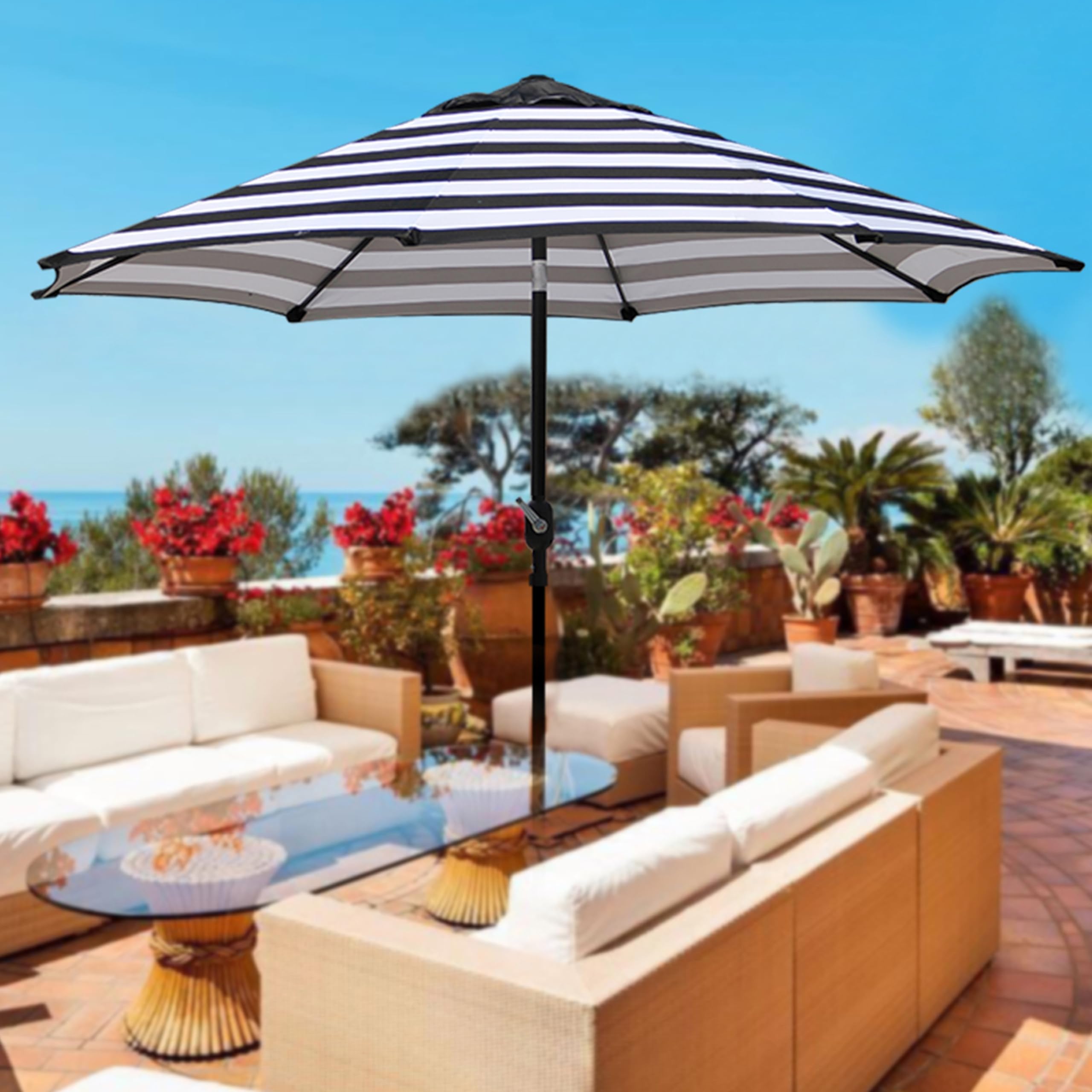 Blissun 9' Outdoor Patio Umbrella - Heavy Duty Market Umbrella with 8 Sturdy Steel Ribs, Push Button Tilt & Easy Crank Lift - Perfect for Backyard, Poolside, Garden, Restaurant & Outdoor Dining