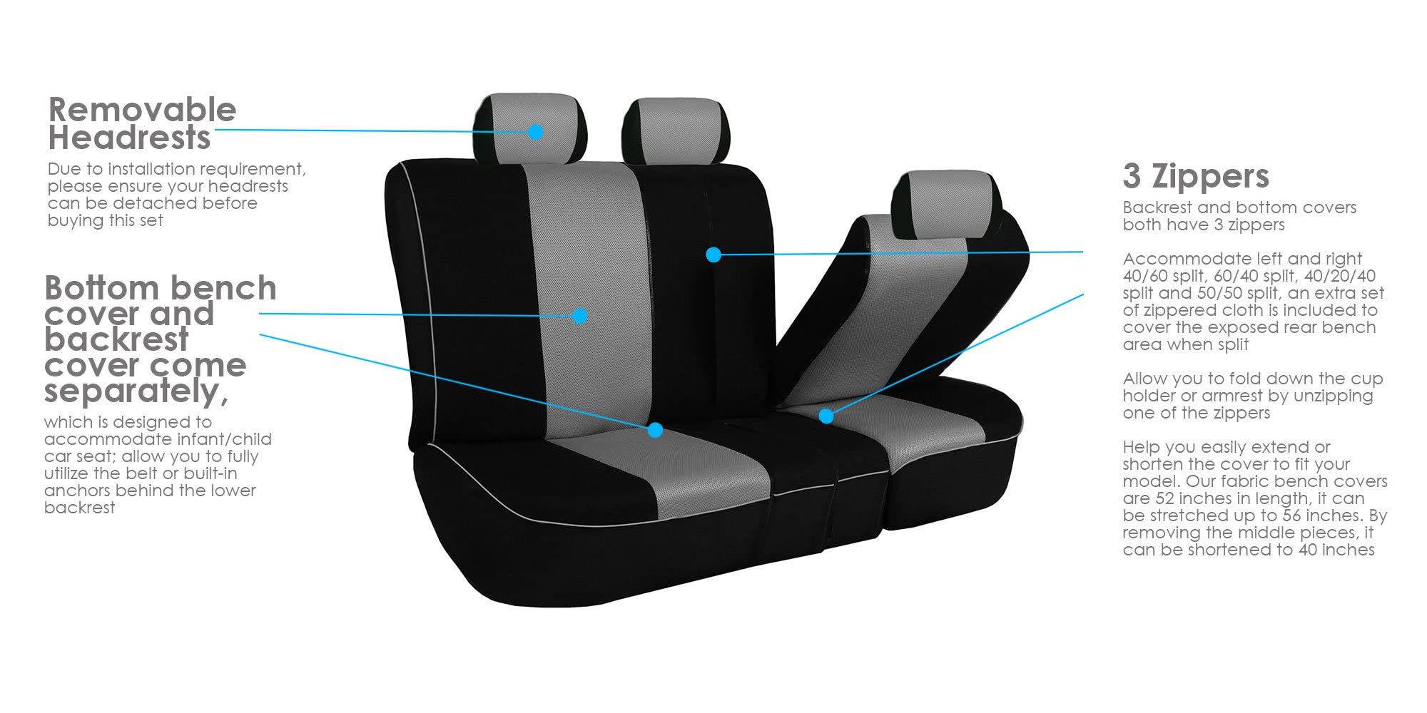 FH Group Universal Gray Car Seat Covers Full Set with Edgy Piping - Airbag Compatible, Split Rear Design for Cars, Trucks & SUVs | Perfect for Road Trips, Daily Commutes & Vehicle Protection