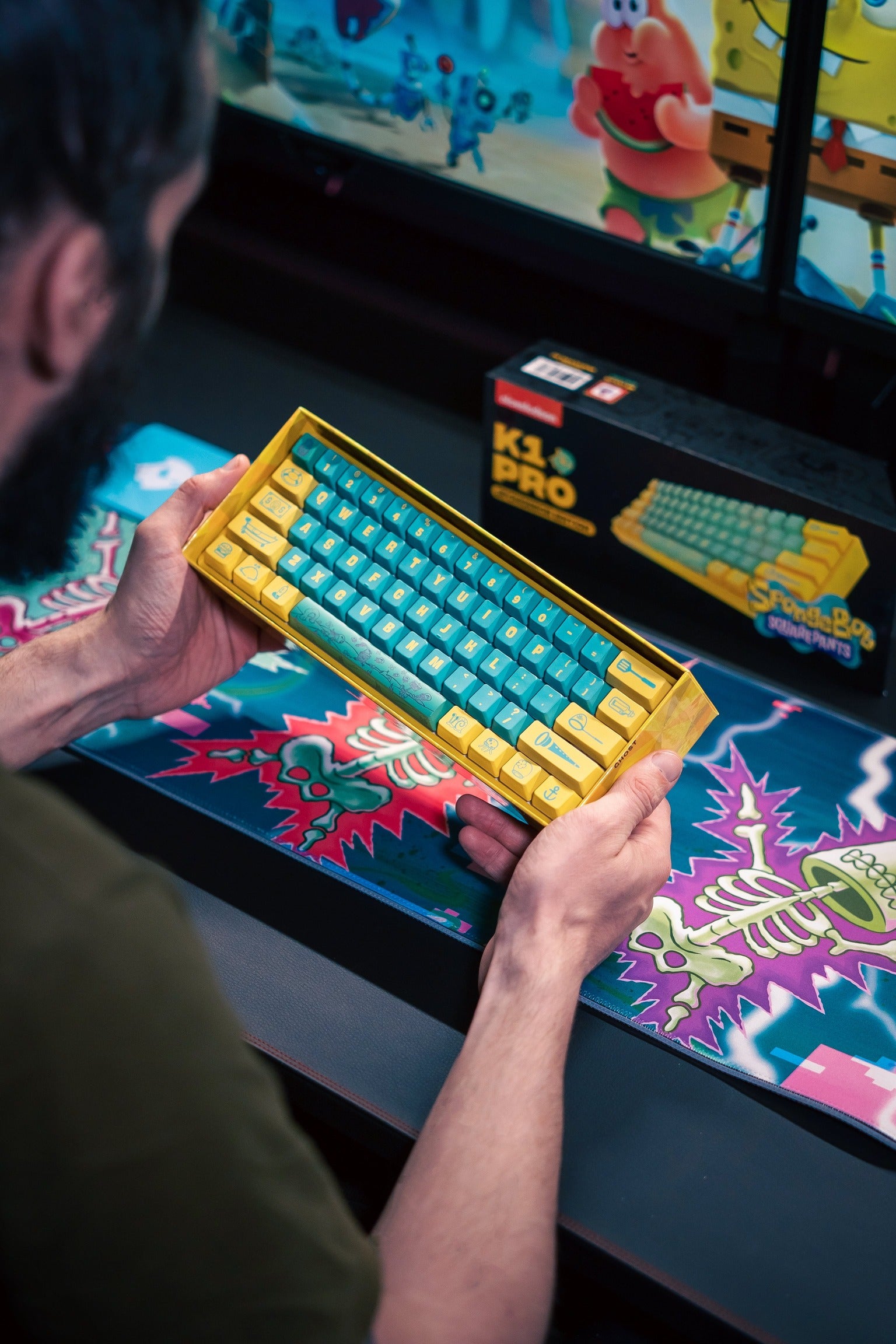 SpongeBob X Ghost K1 Pro Wireless Mechanical Gaming Keyboard - 60% Compact RGB Backlit Bluetooth 5.1 Hot-Swappable for PC/Mac - Perfect for Gaming, Office Work & Typing Enthusiasts