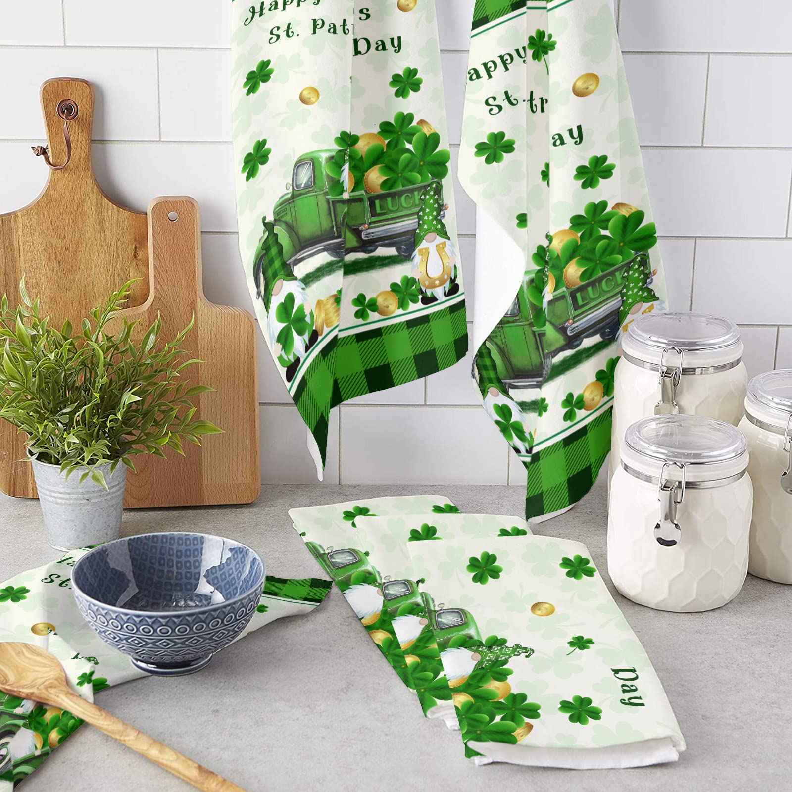 St. Patrick's Day Kitchen Towels - Green Truck with Lucky Gnome Shamrock Design | 18x28 Inch Absorbent Reusable Dish Towels, Tea Towels & Bar Towels | Perfect for Holiday Decor, Dish Drying & Bar Cleaning