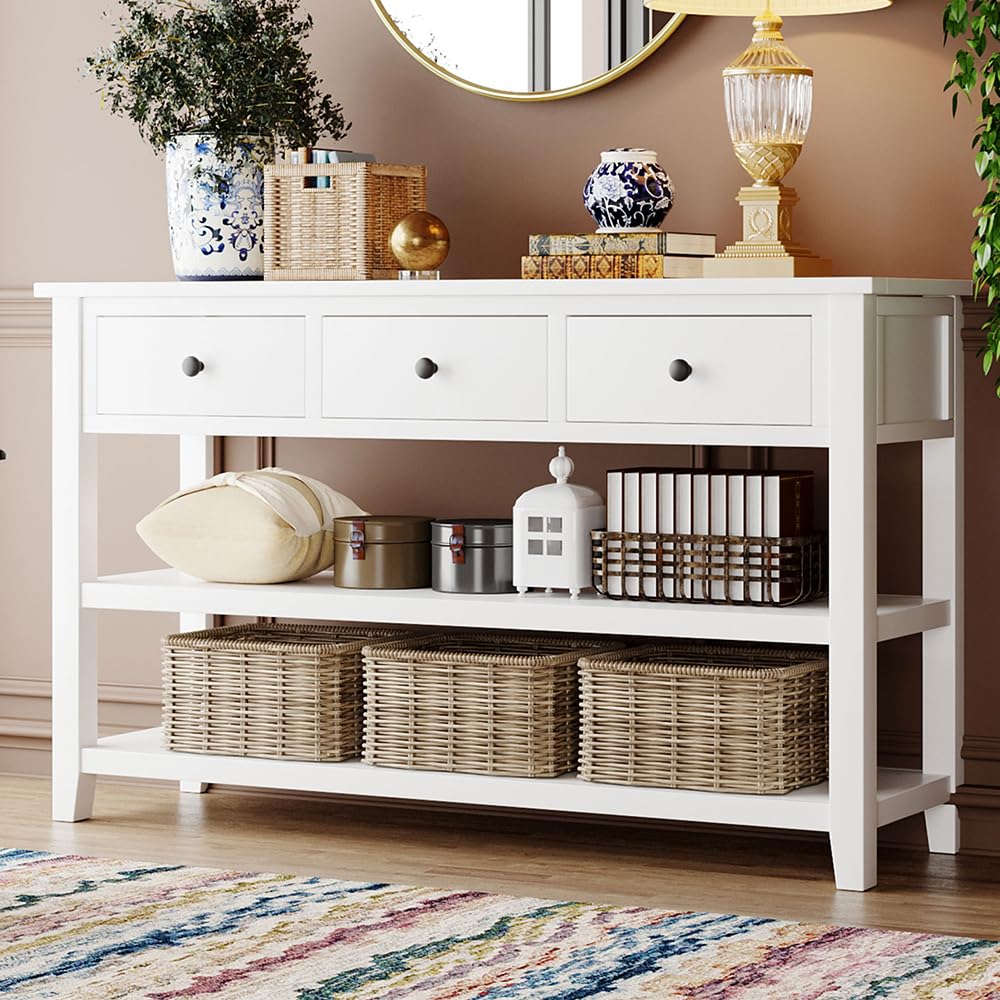 P PURLOVE Farmhouse Console Table with 3 Drawers & 2 Open Shelves - Solid Wood Entryway Sofa Table for Hallway, Living Room, Bedroom - Antique White Finish - Perfect for Home Decor, Small Space Organization & Entry Storage